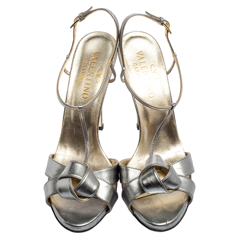 Valentino Metallic Grey Leather Knotted T-Strap Sandals Size 39.5