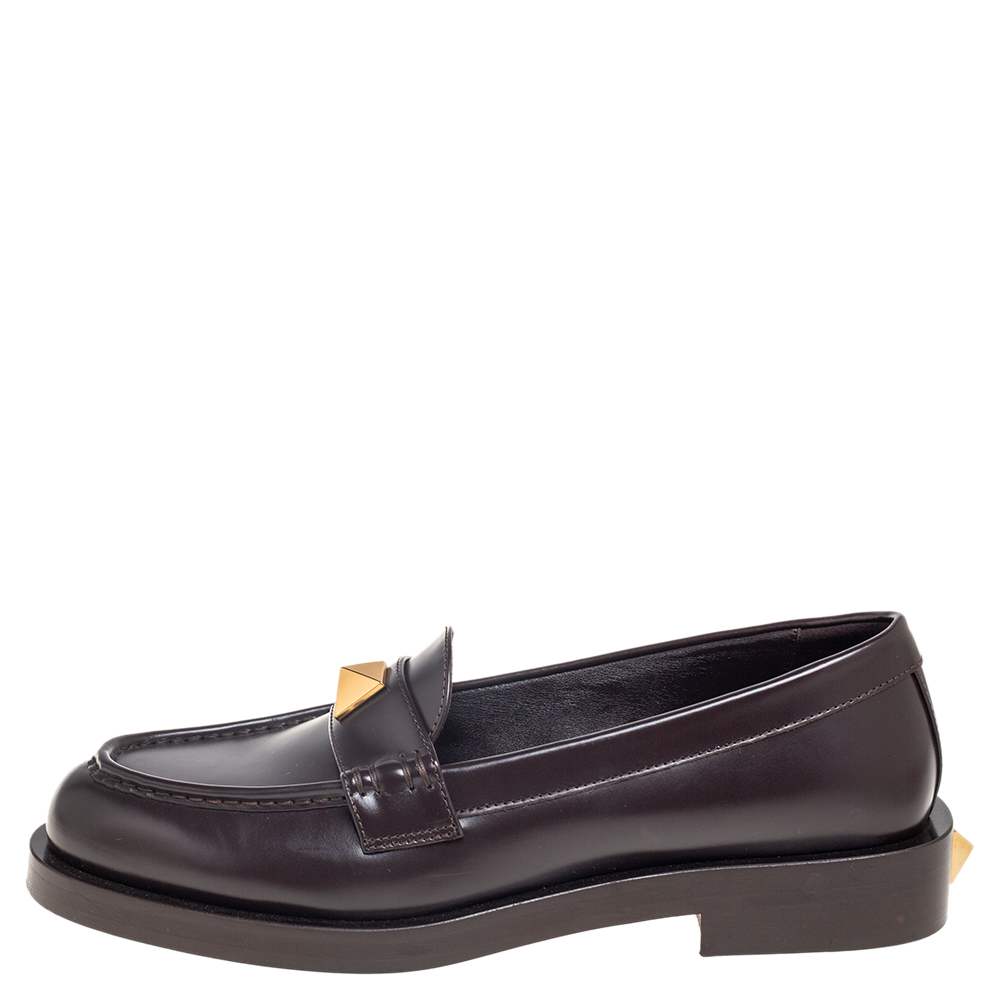 

Valentino Dark Brown Leather Roman Stud Loafers Size