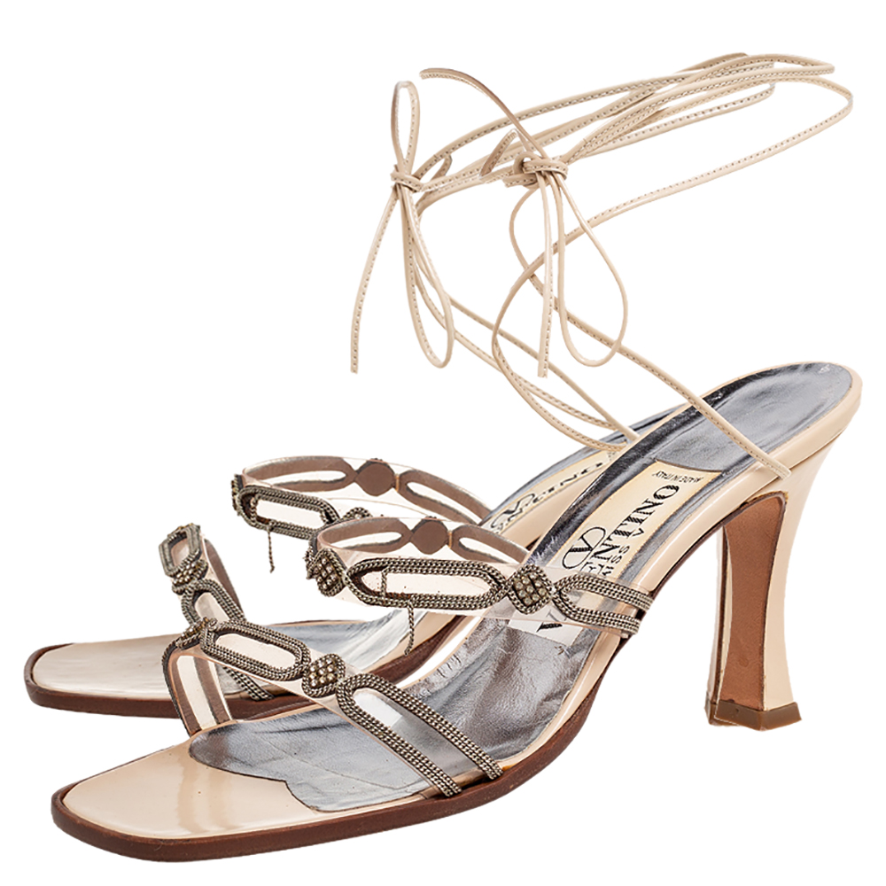 Valentino Beige Leather And Embellished Chain PVC Ankle-Tie Sandals Size 37