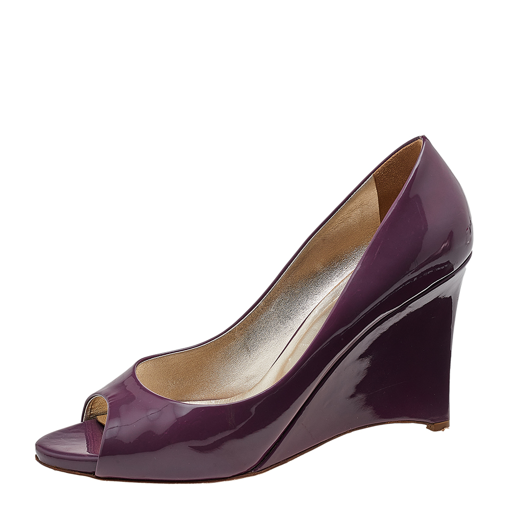 Valentino Purple Patent Leather Open Toe Wedge Pumps Size 40