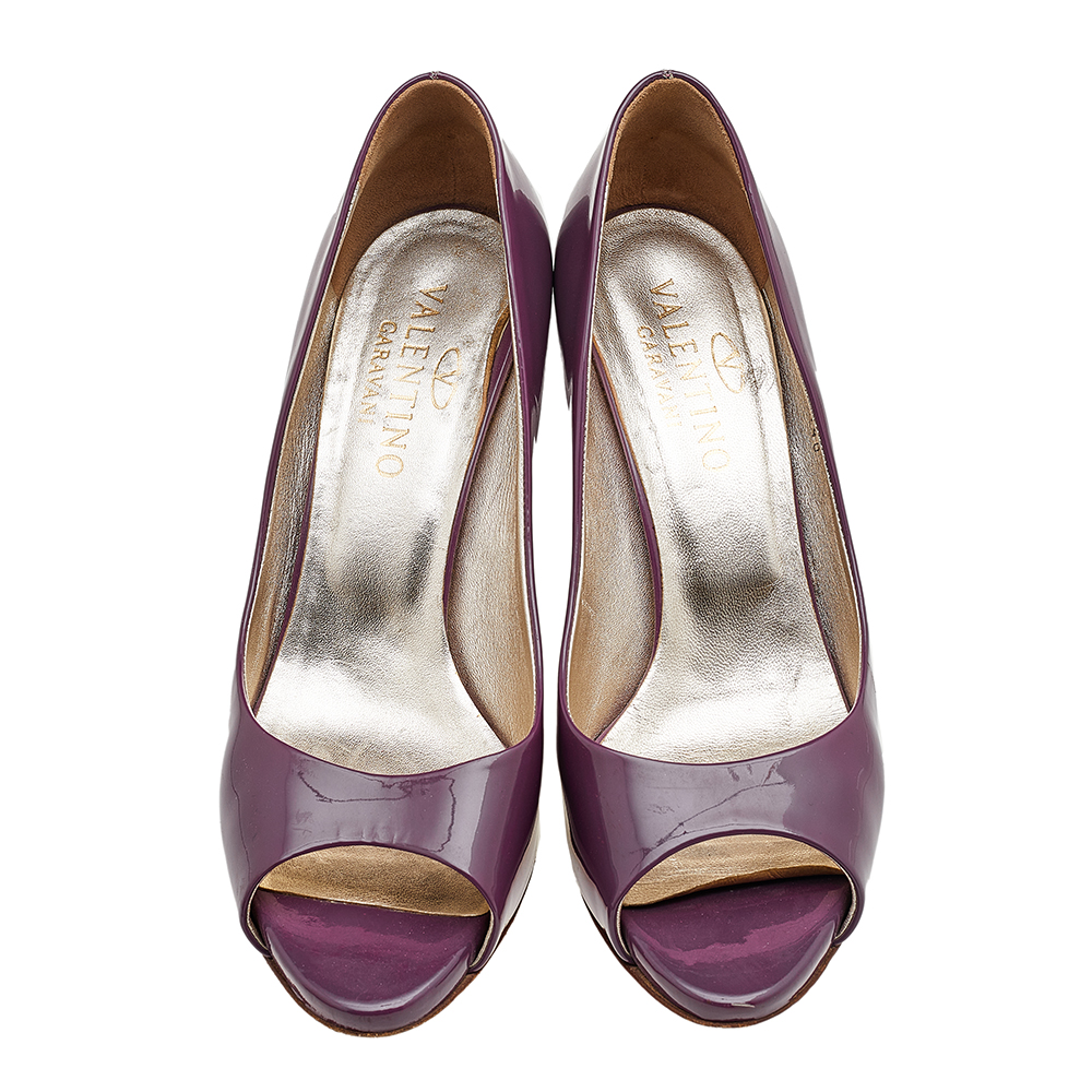 Valentino Purple Patent Leather Open Toe Wedge Pumps Size 40