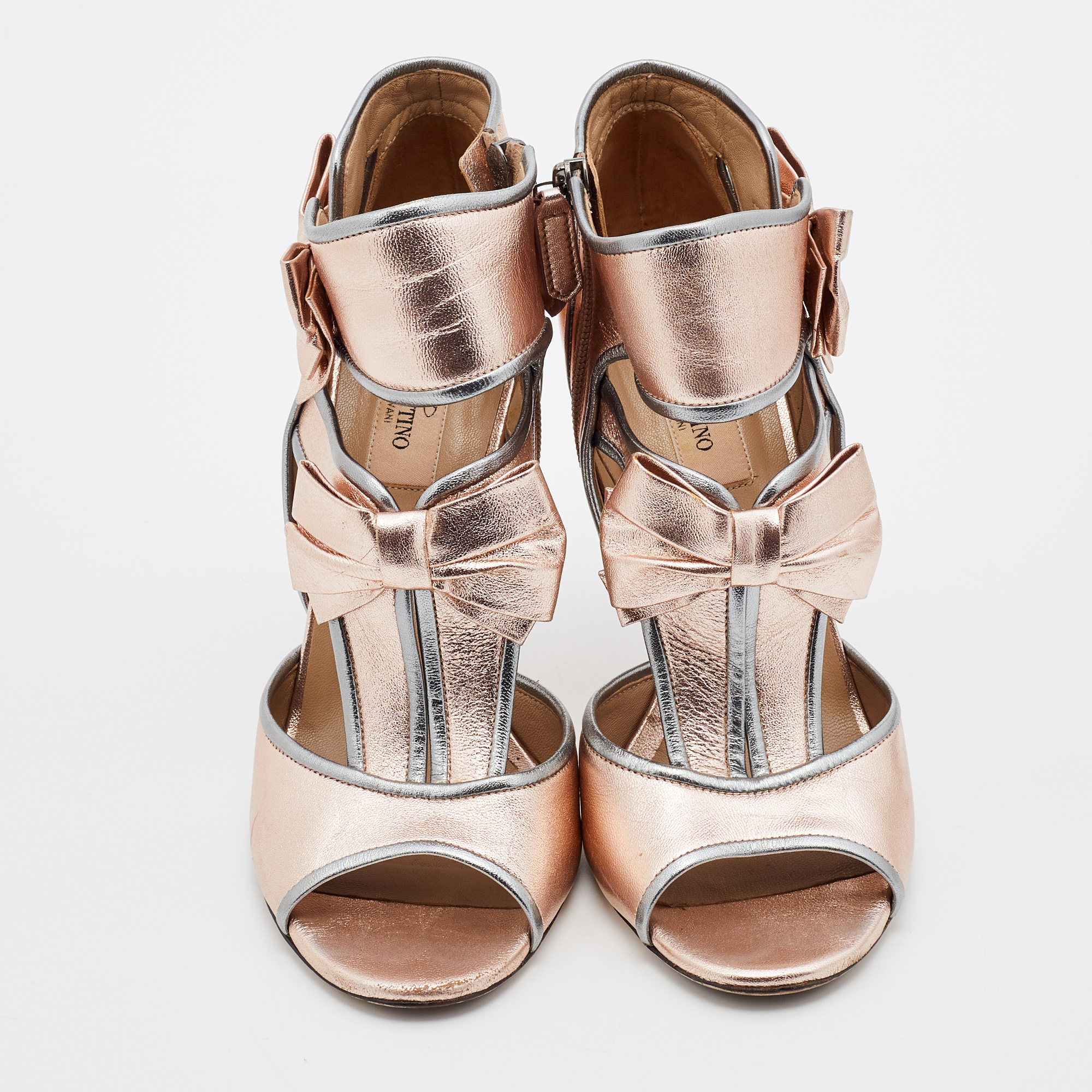 Valentino Metallic Pink/Grey Leather Bow Open Toe Ankle Strap Sandals Size 40