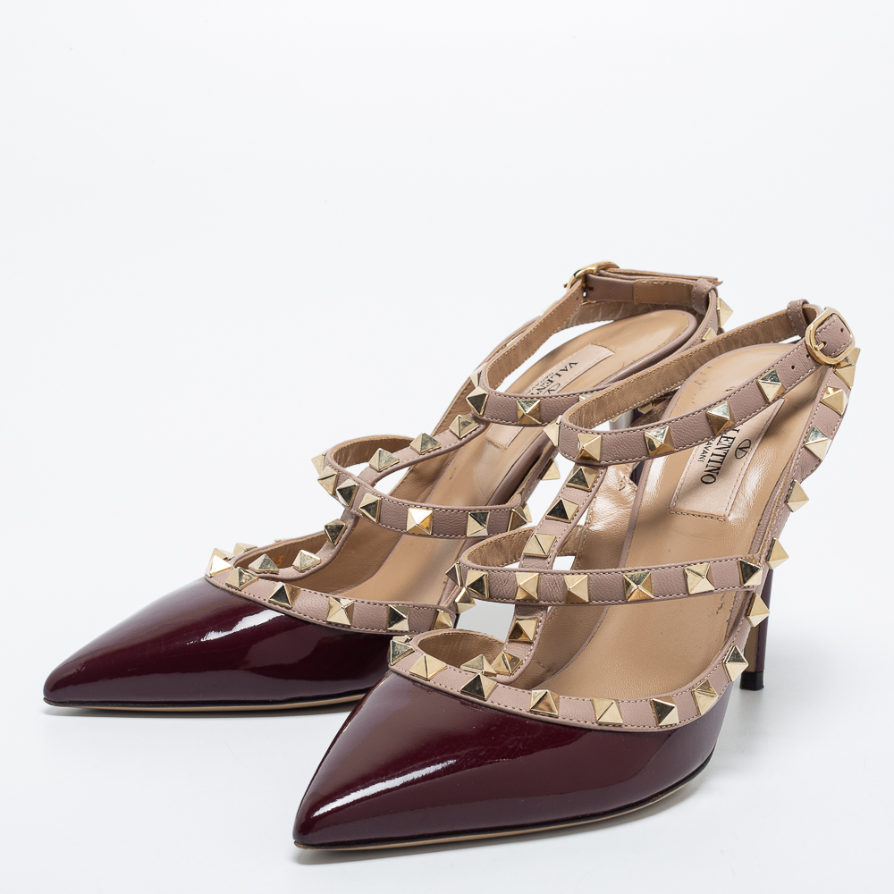 

Valentino Burgundy/Dusty Pink Patent and Leather Rockstud Ankle Strap Pumps Size