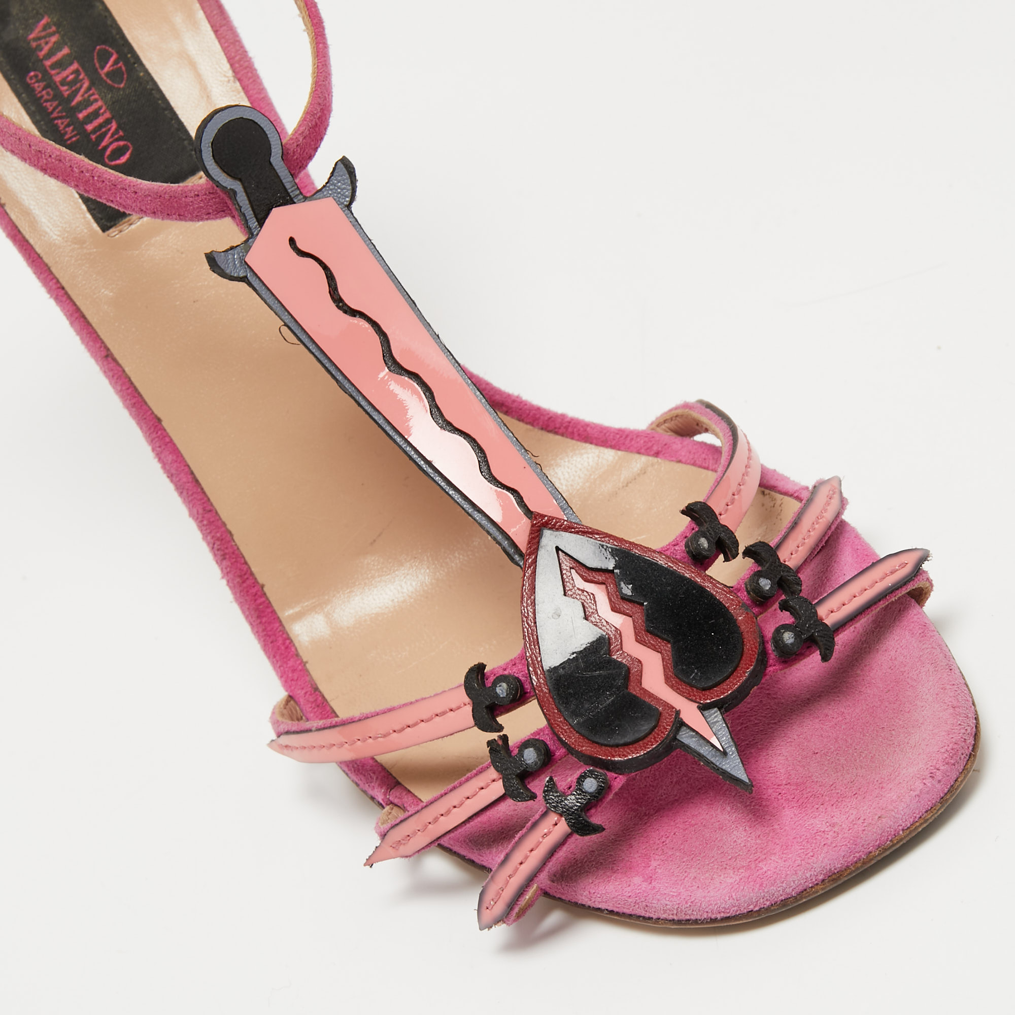 Valentino Pink Suede And Patent Leather Love Blade T-Strap Sandals Size 38
