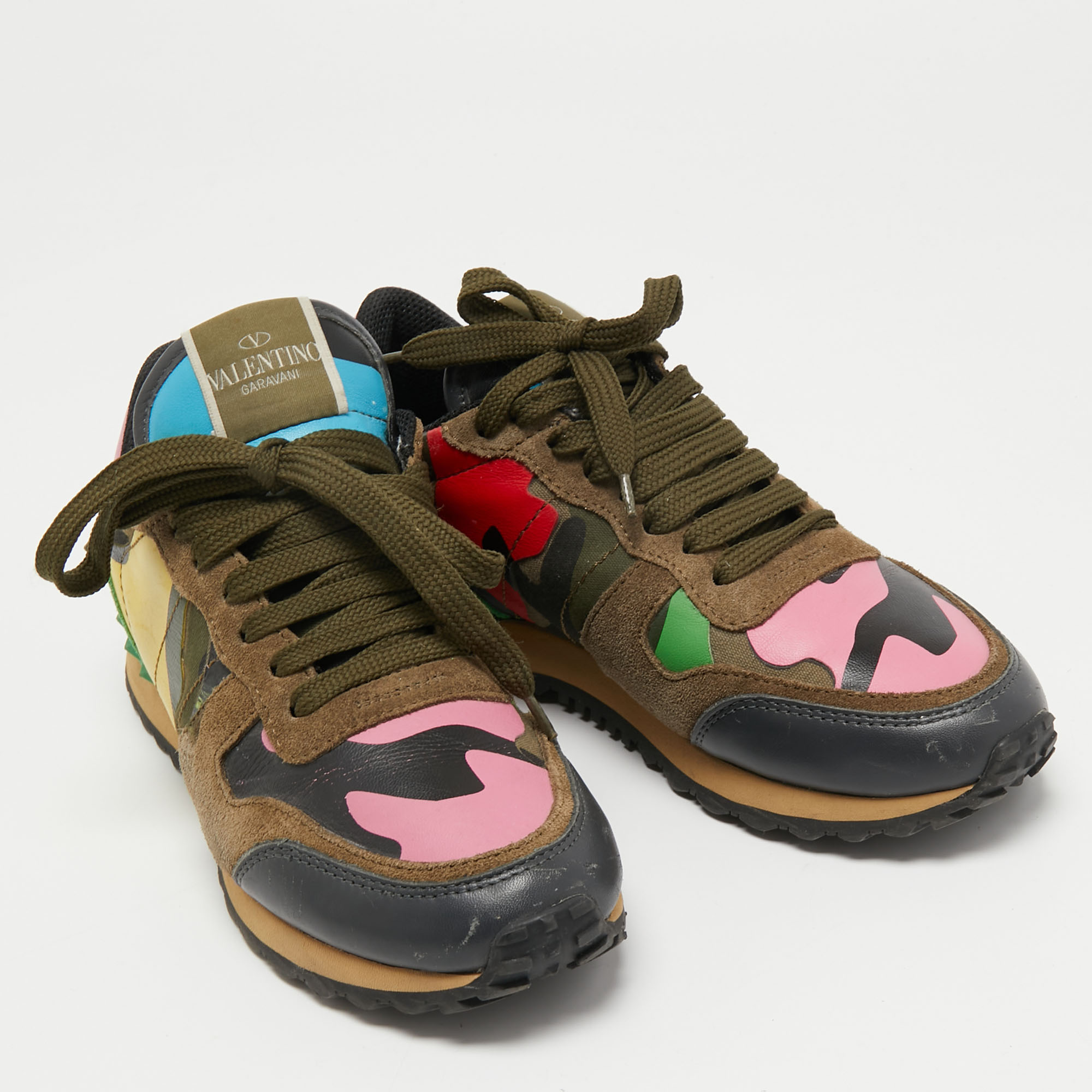 Valentino Multicolor Suede, Camo Print Leather And Canvas Rockrunner Sneakers Size 35.5