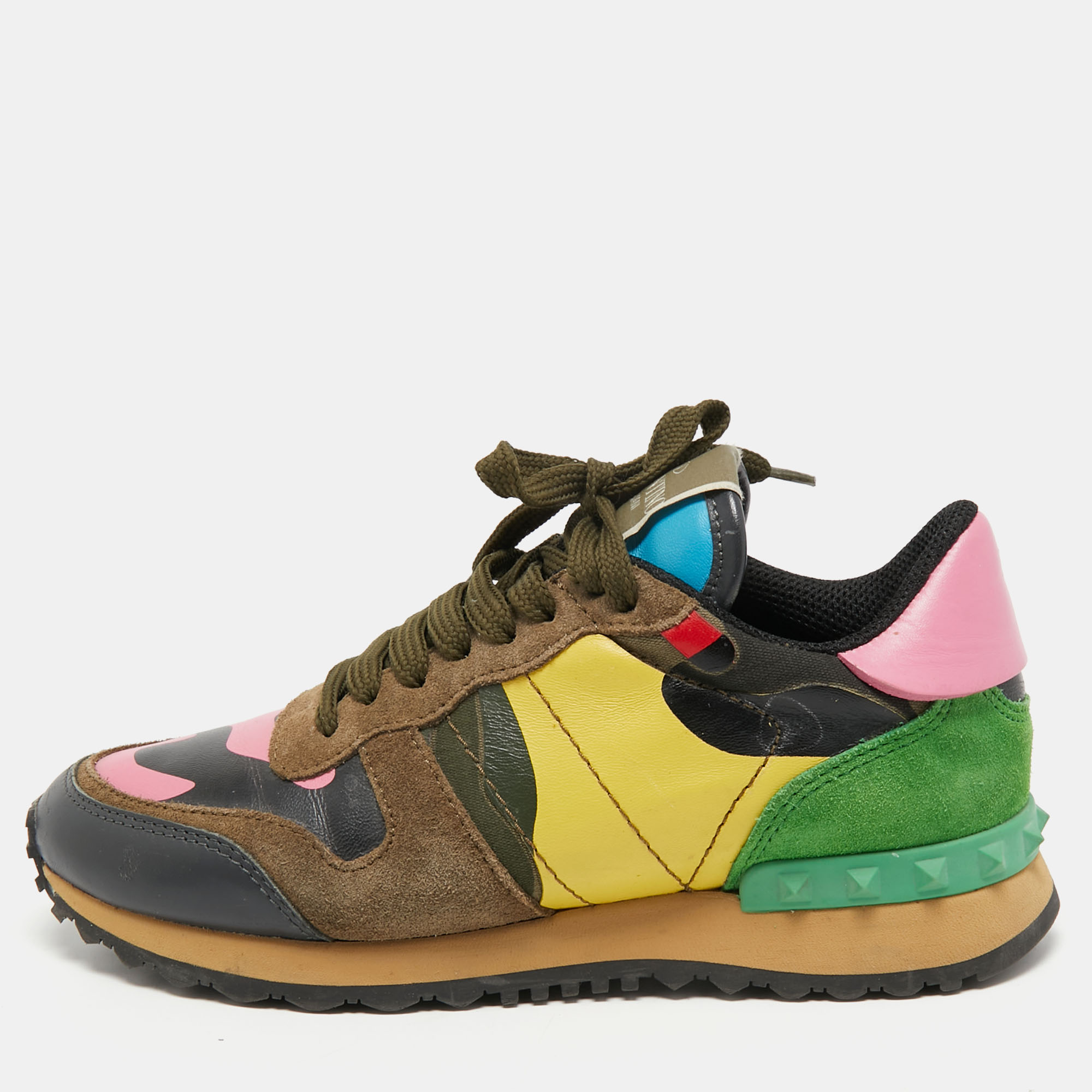 Valentino Multicolor Suede, Camo Print Leather And Canvas Rockrunner Sneakers Size 35.5