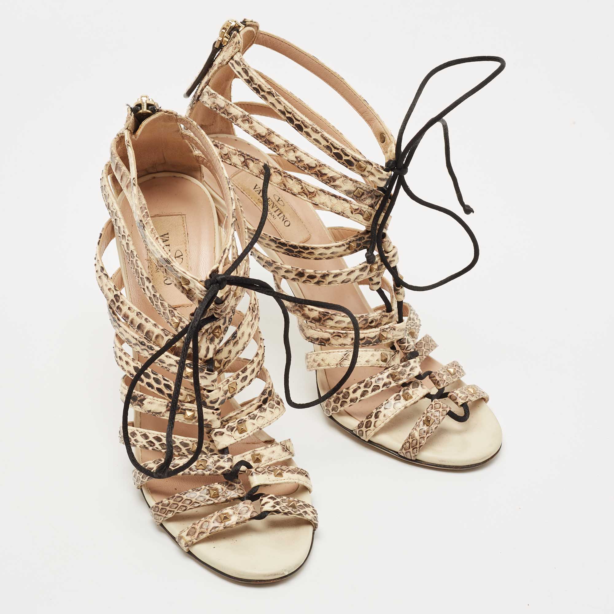Valentino Brown/Beige Watersnake Rockstud Lace Up Strappy Sandals Size 37.5