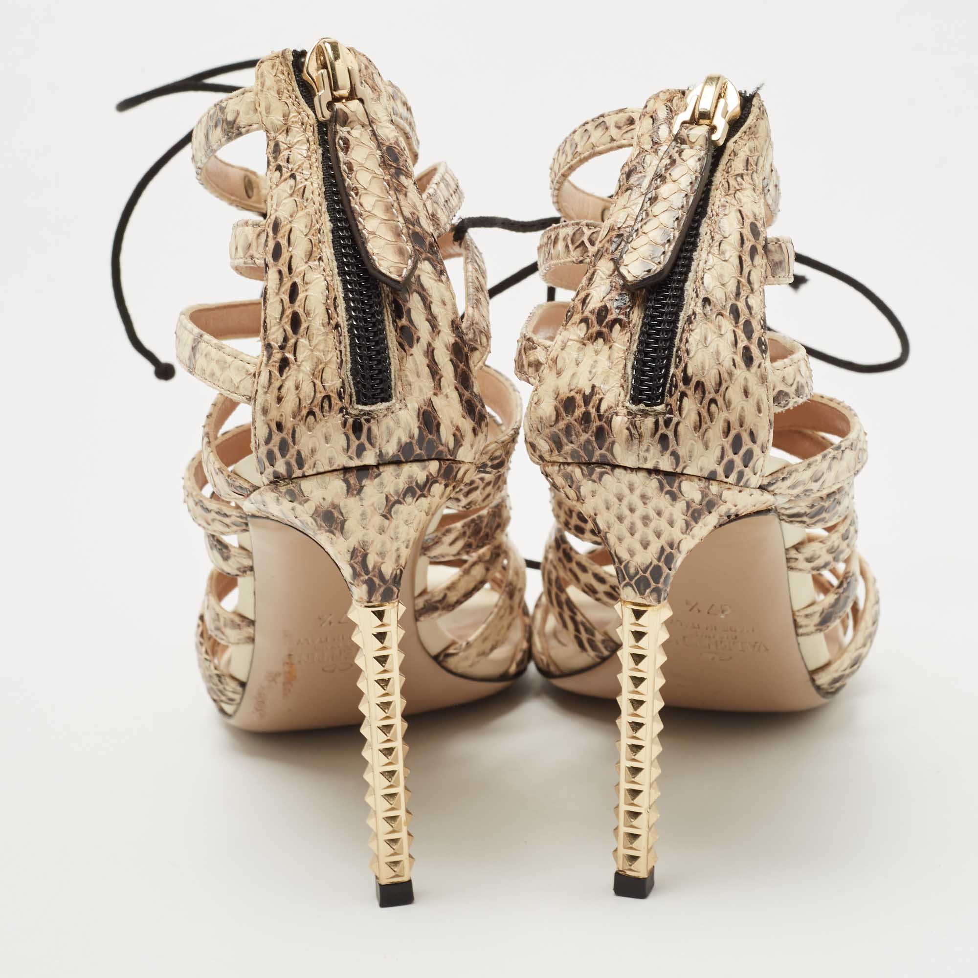 Valentino Brown/Beige Watersnake Rockstud Lace Up Strappy Sandals Size 37.5