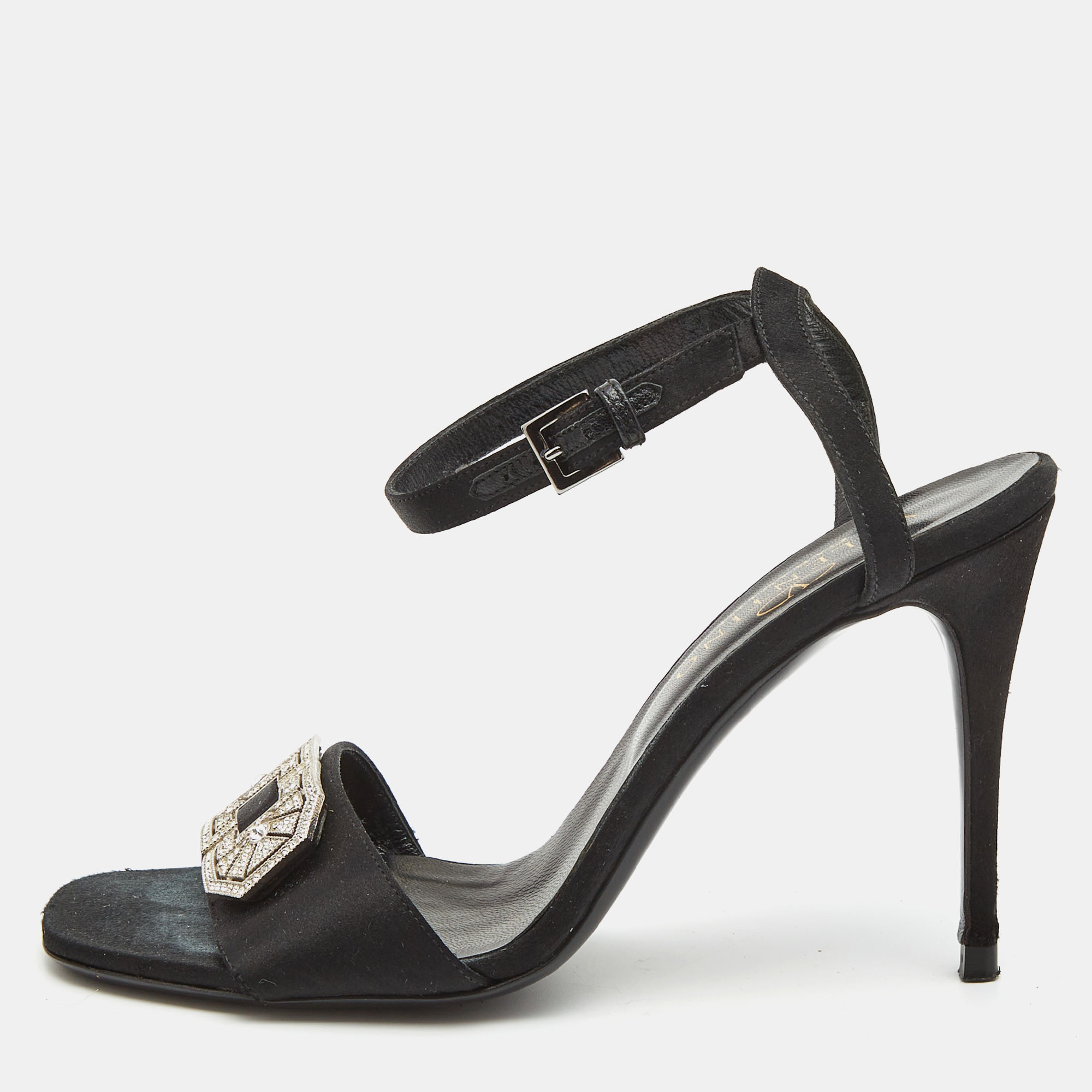 Valentino Black Satin Crystal Embellished Buckle Ankle Strap Sandals Size 37