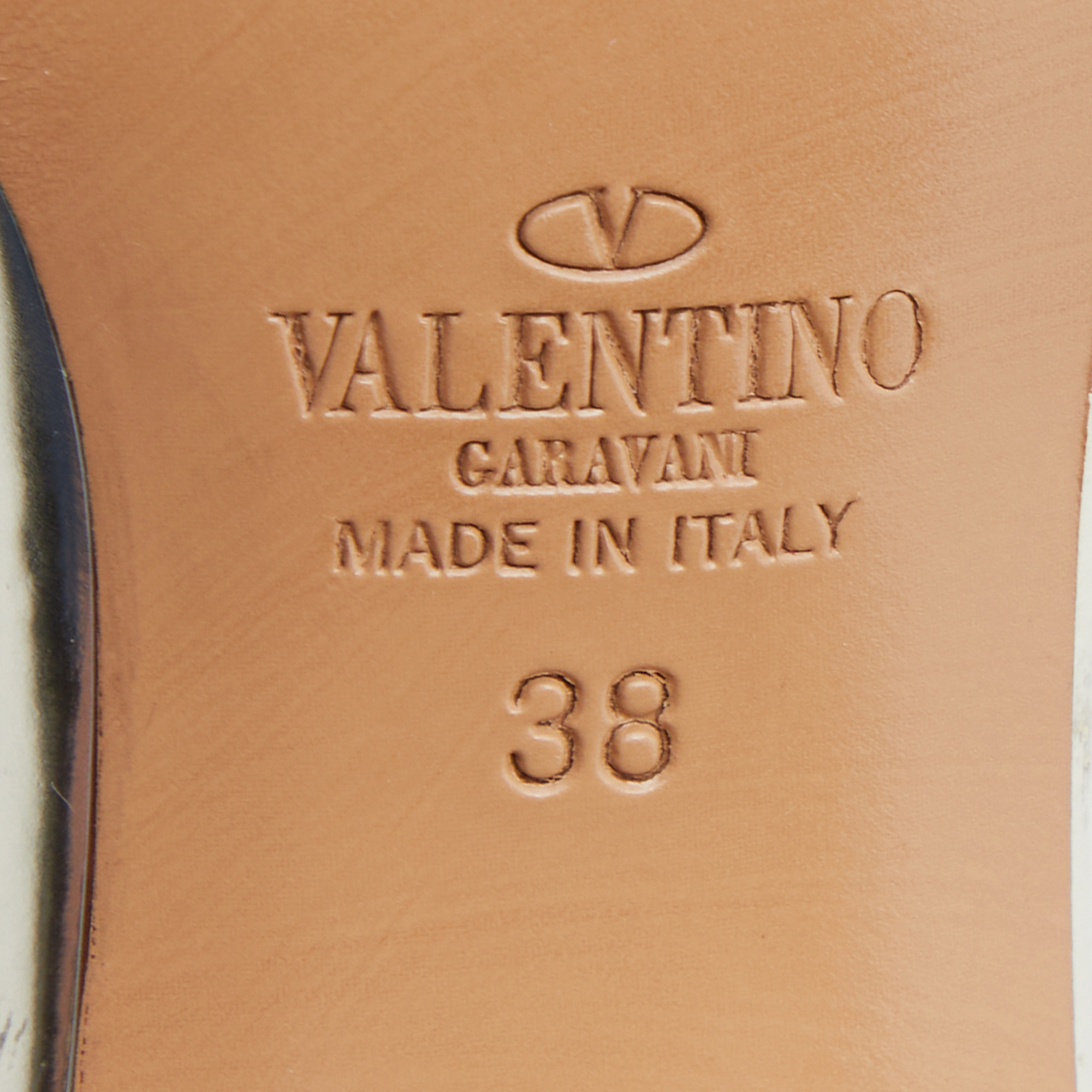 Valentino Gold Patent Leather Soul Rockstud Ankle Strap Block Heel Sandals Size 38