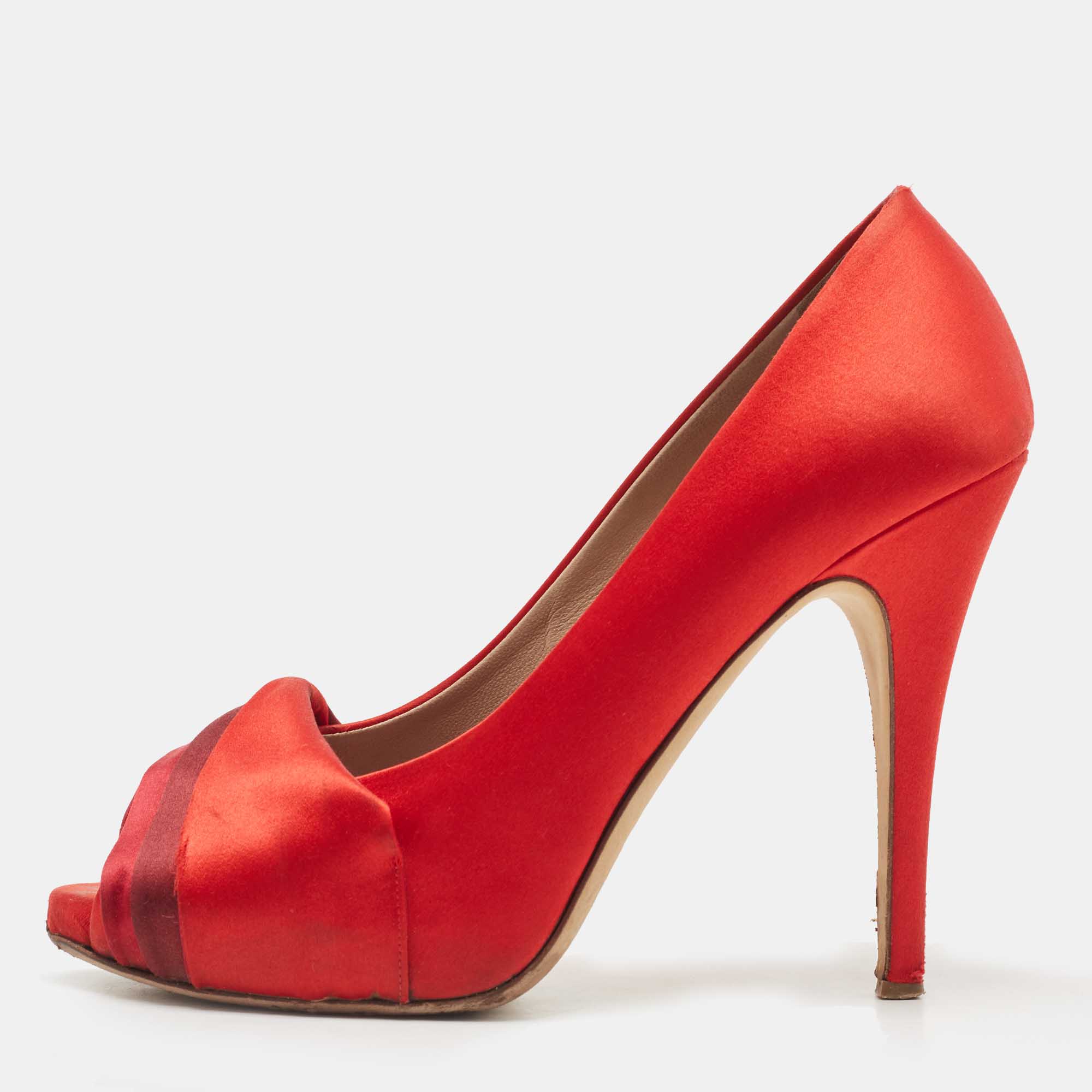 Valentino red pleated satin peep toe pumps size 39