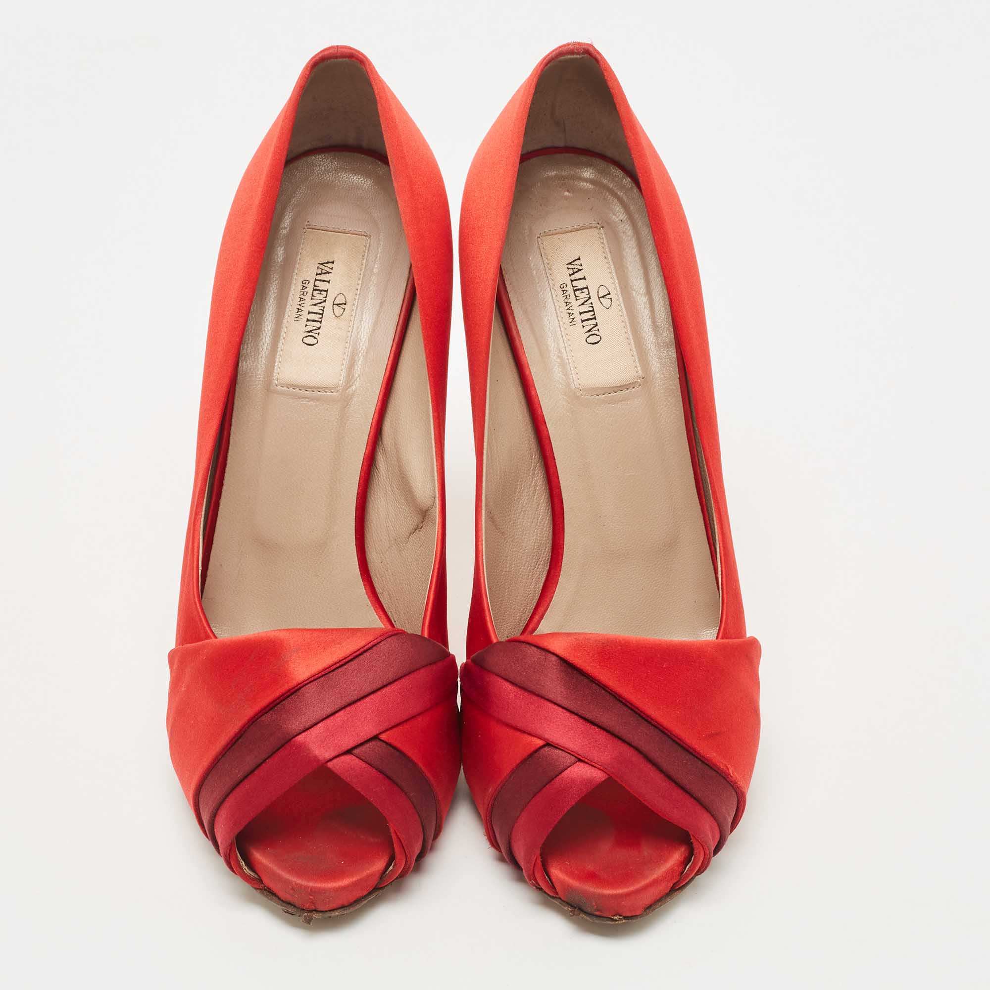 Valentino Red Pleated Satin Peep Toe Pumps Size 39