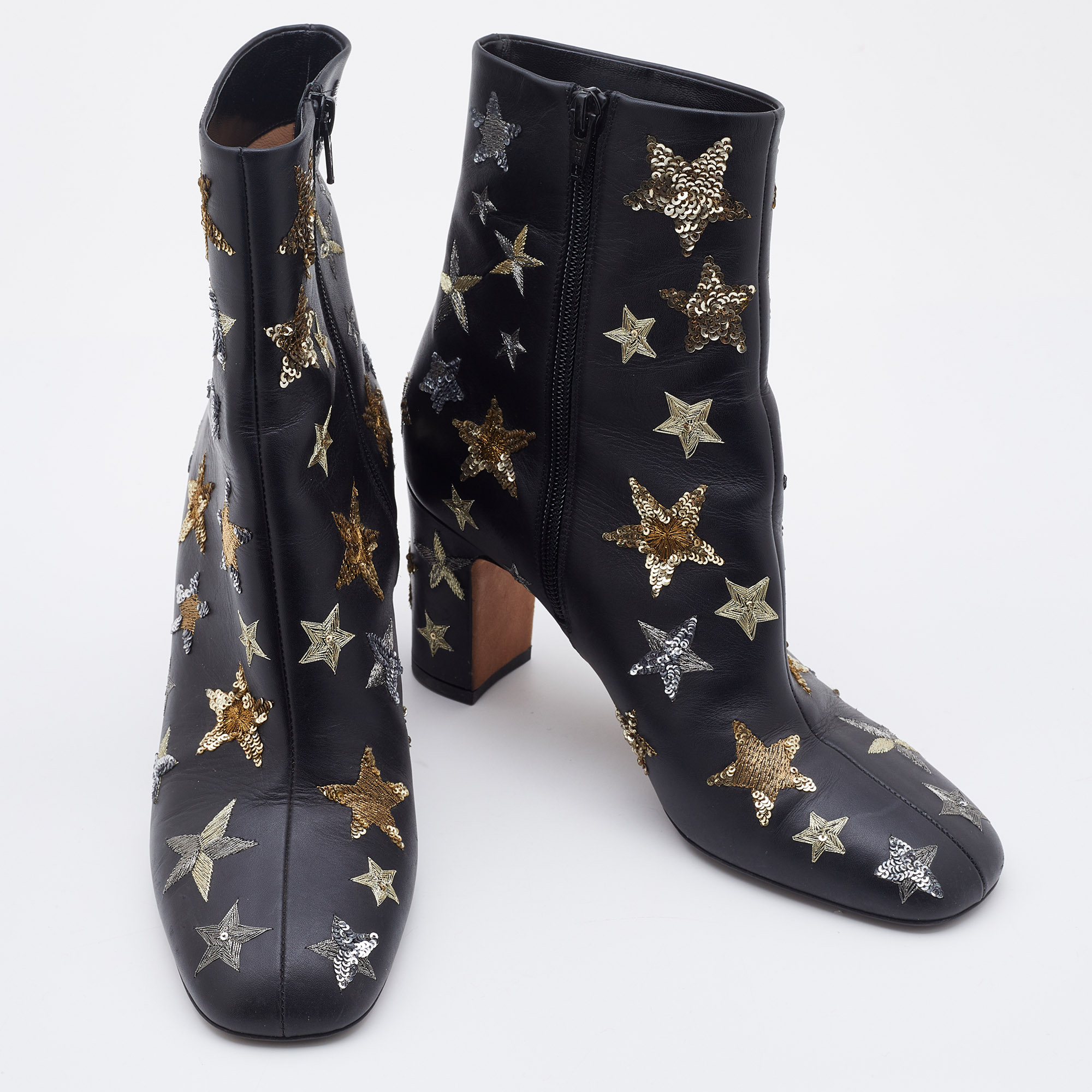 Valentino Black Leather Embroidered Sequin/Stars Ankle Length Boots Size 39