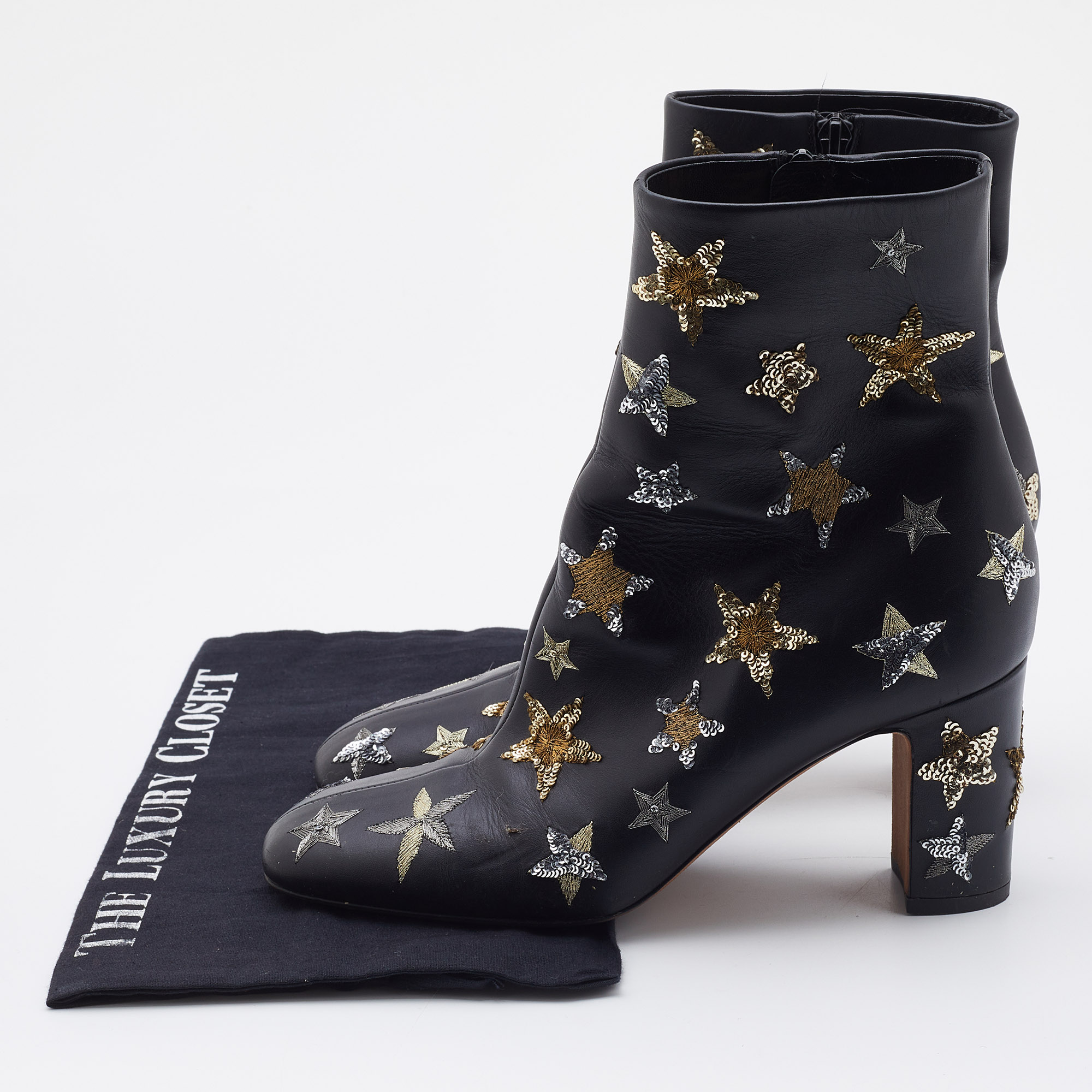 Valentino Black Leather Embroidered Sequin/Stars Ankle Length Boots Size 39