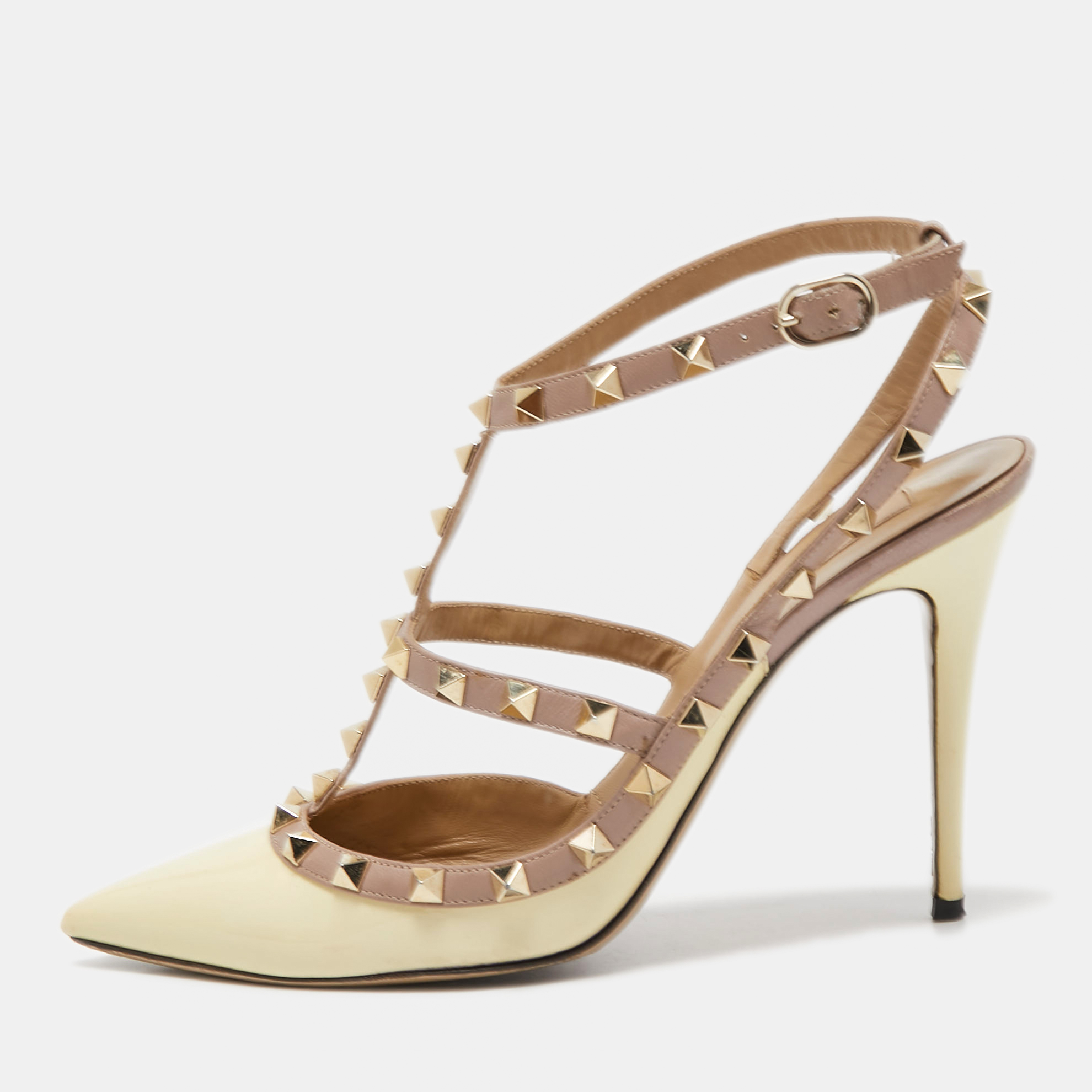 Valentino Cream/Dusty Pink Patent And Leather Rockstud Ankle Strap Pumps Size 40