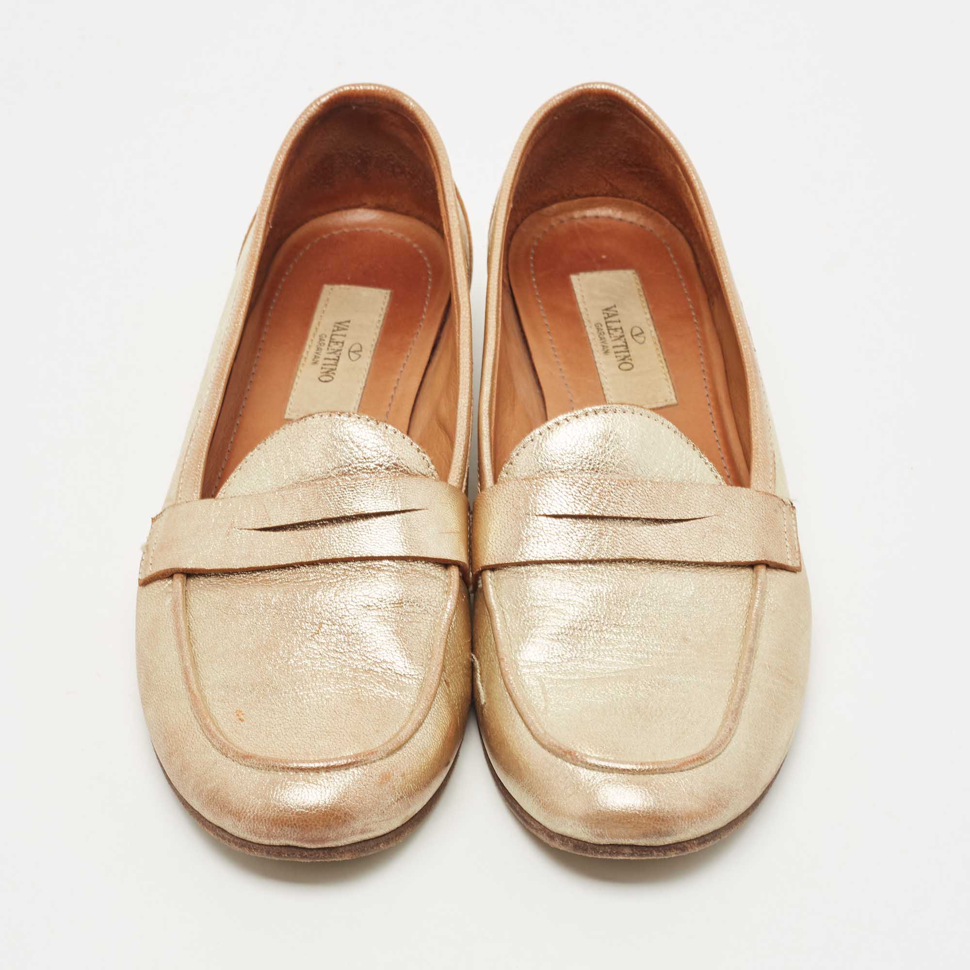 Valentino Gold Leather Penny Loafers Size 39
