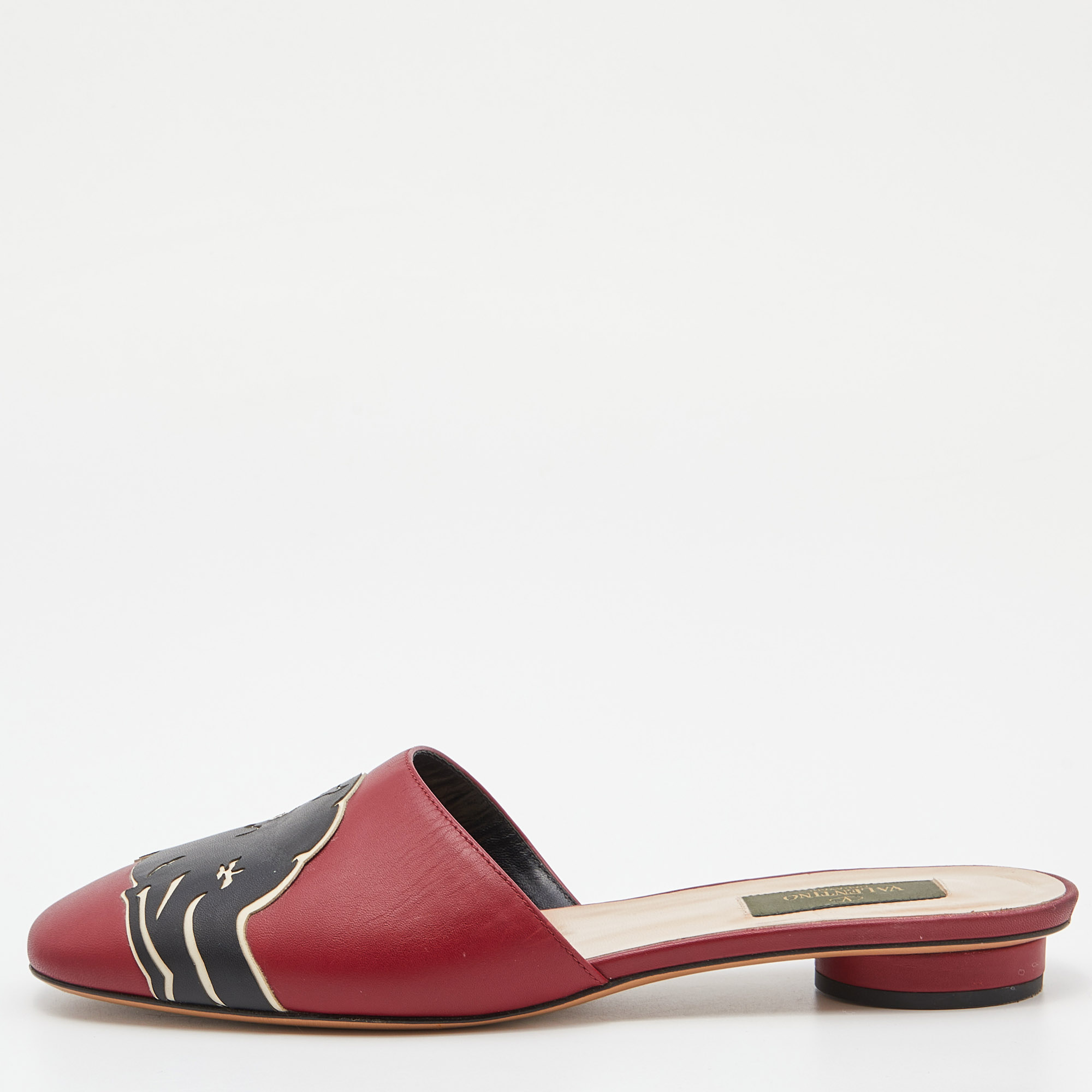 Valentino Red/Black Leather Panther Flat Mules Size 37.5
