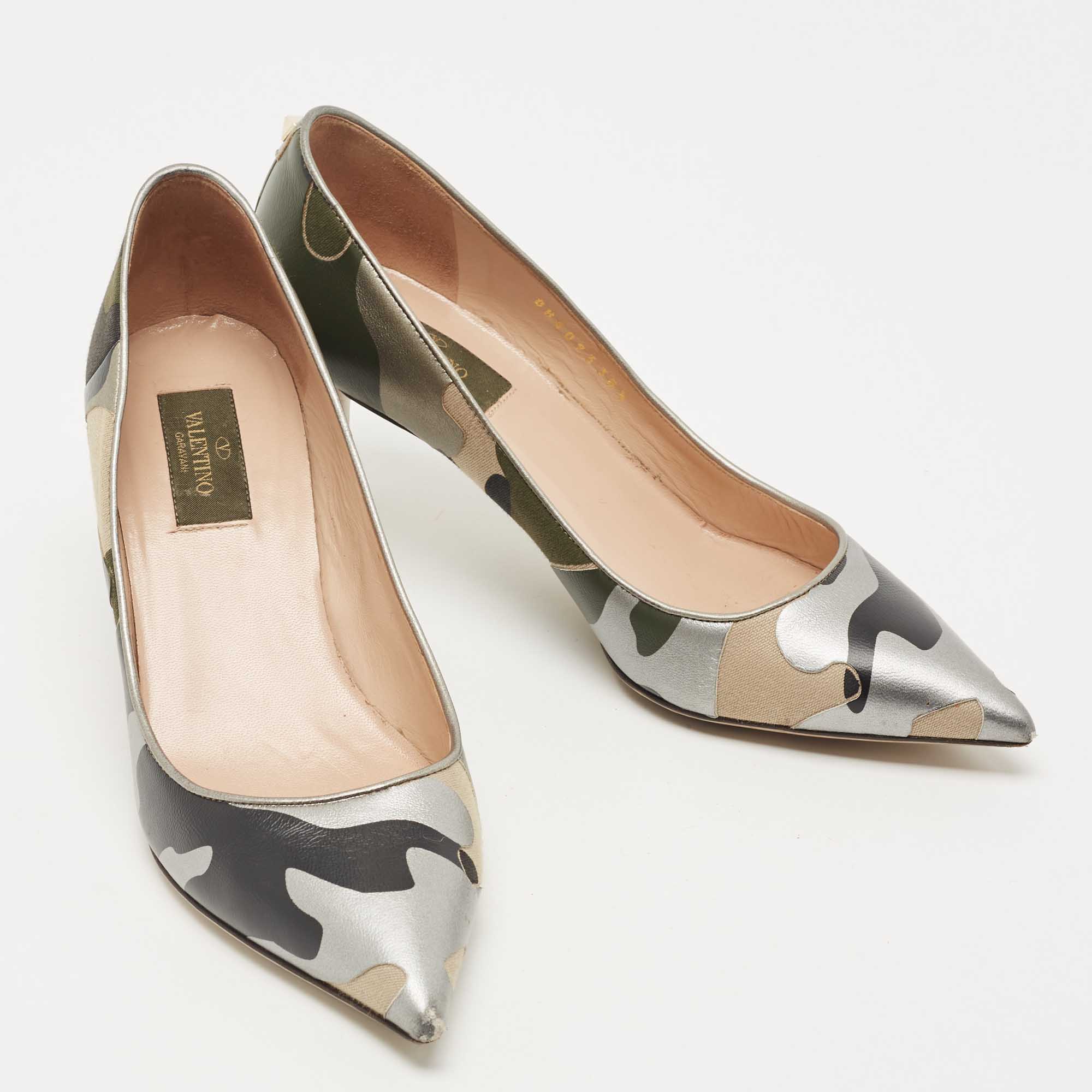 Valentino Tricolor Camo Print Leather And Canvas Pointed Toe Pumps Size 38.5