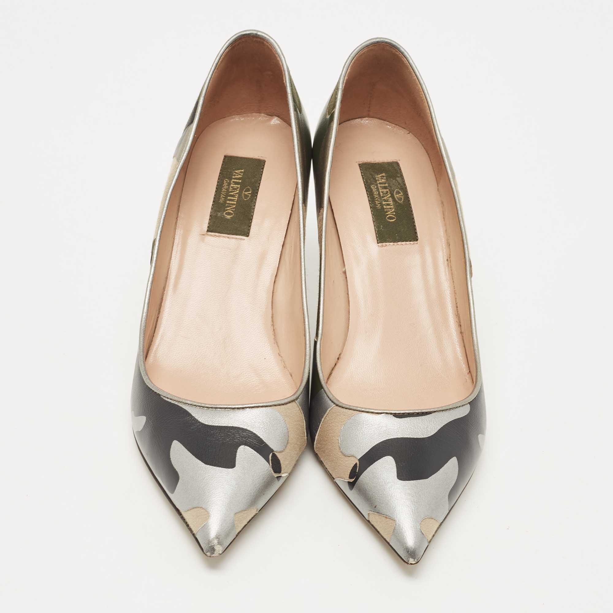Valentino Tricolor Camo Print Leather And Canvas Pointed Toe Pumps Size 38.5