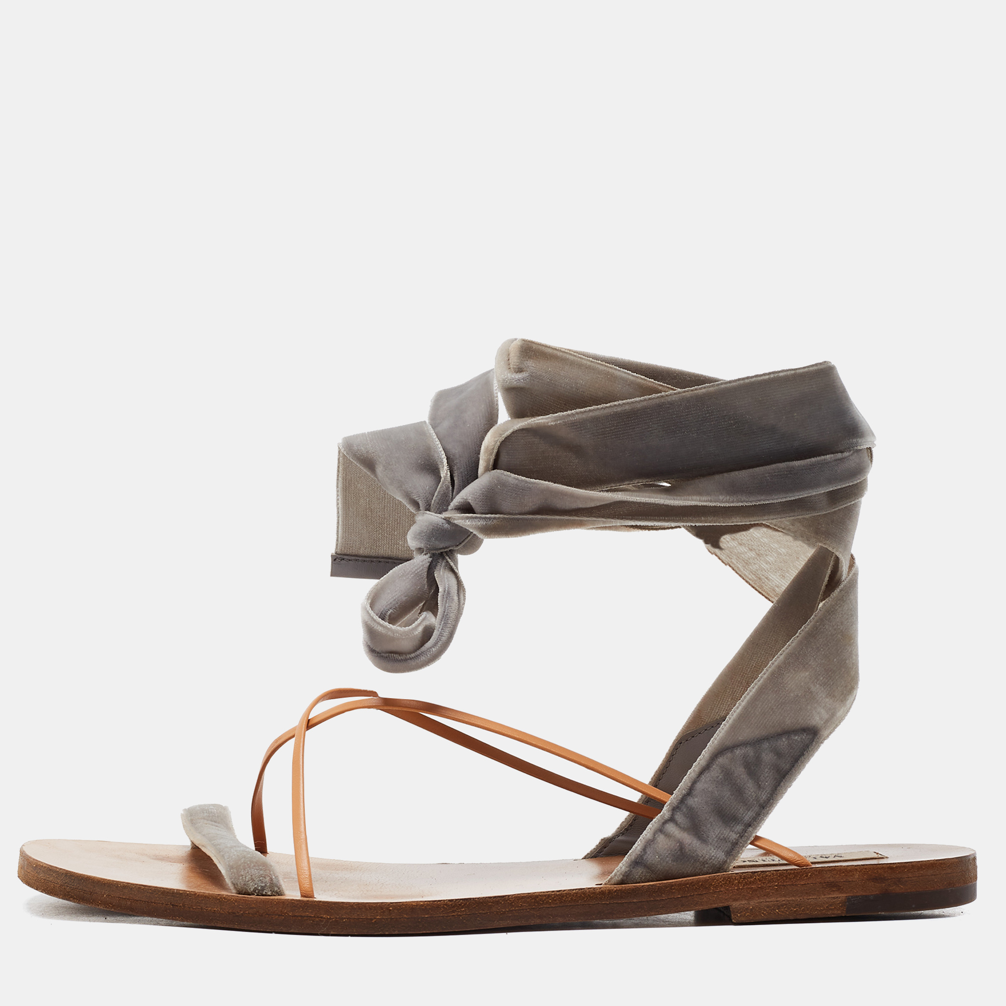 Valentino grey velvet ankle wrap flat sandals size 37