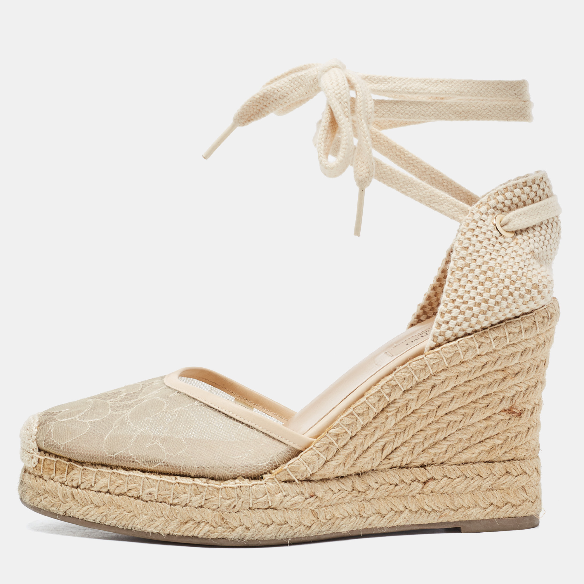 Valentino Beige Lace And Knit Fabric Espadrille Wedge Ankle Tie Pumps Size 39