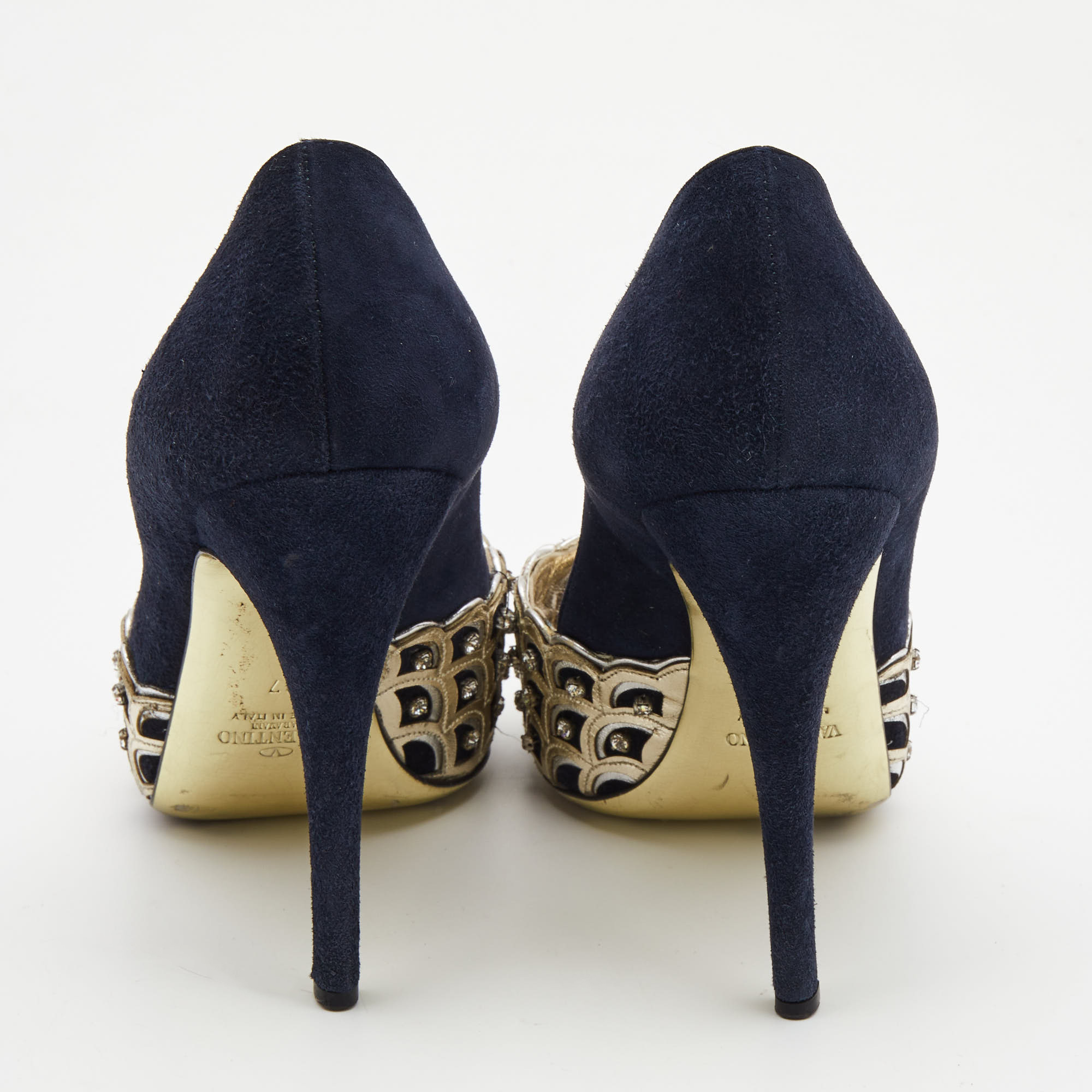 Valentino Navy Blue /Gold Suede And Leather Embellished  Pumps Size 37
