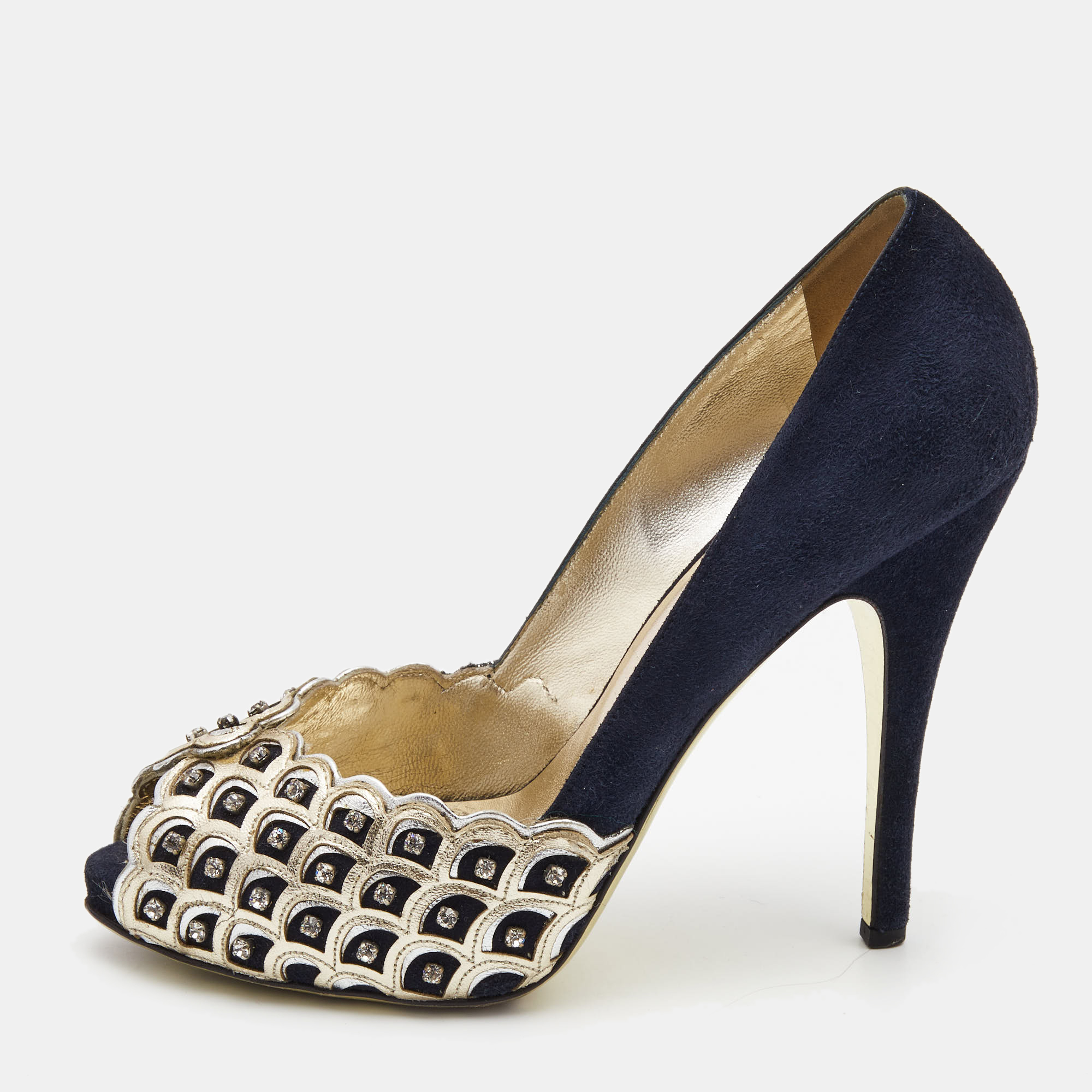 Valentino Navy Blue /Gold Suede And Leather Embellished  Pumps Size 37