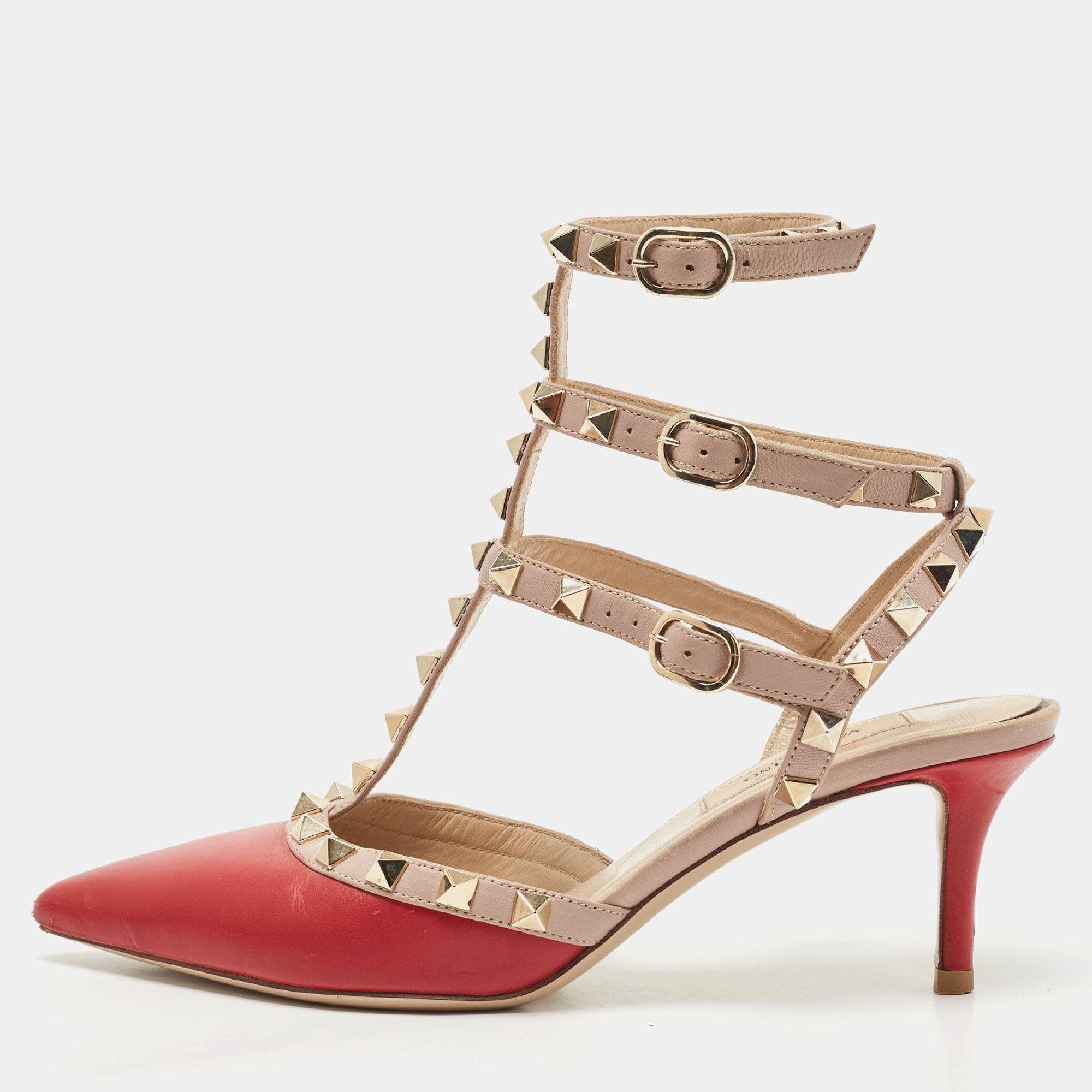 Valentino Red/Pink Leather Rockstud Ankle Strap Pumps Size 35.5