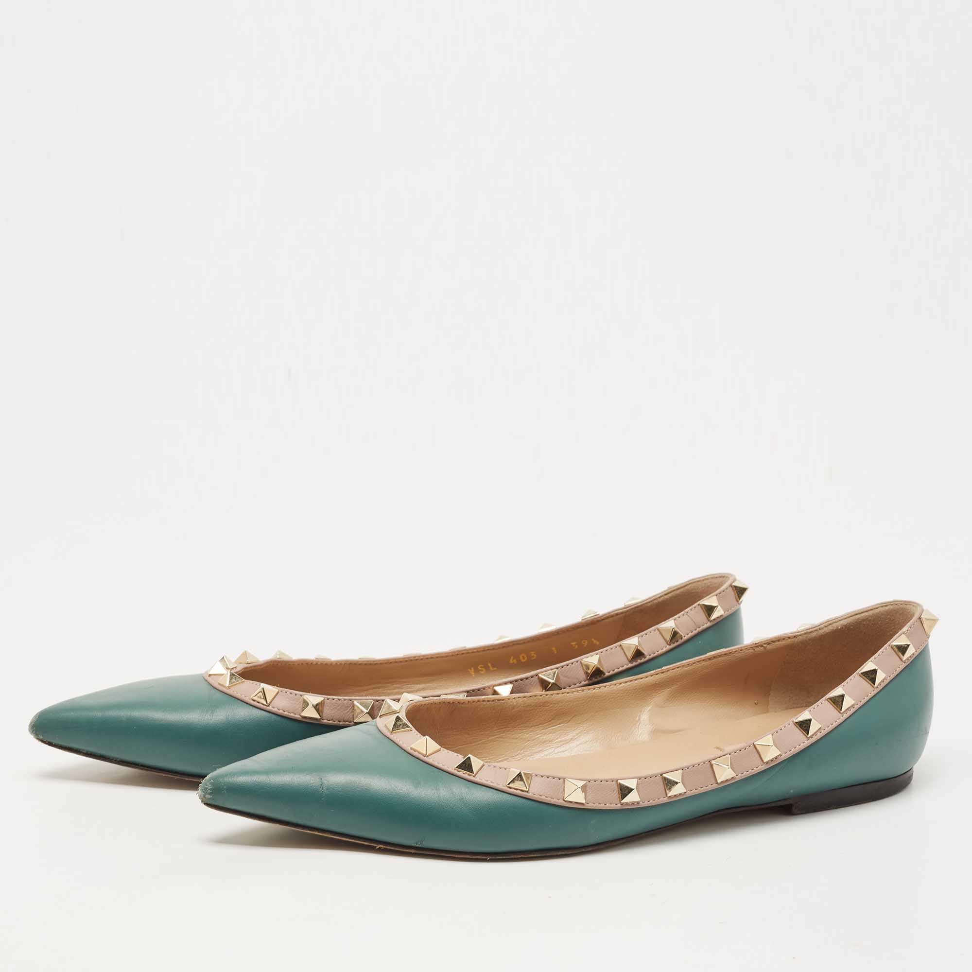 

Valentino Green/Dusty Pink Leather Rockstud Ballet Flats Size