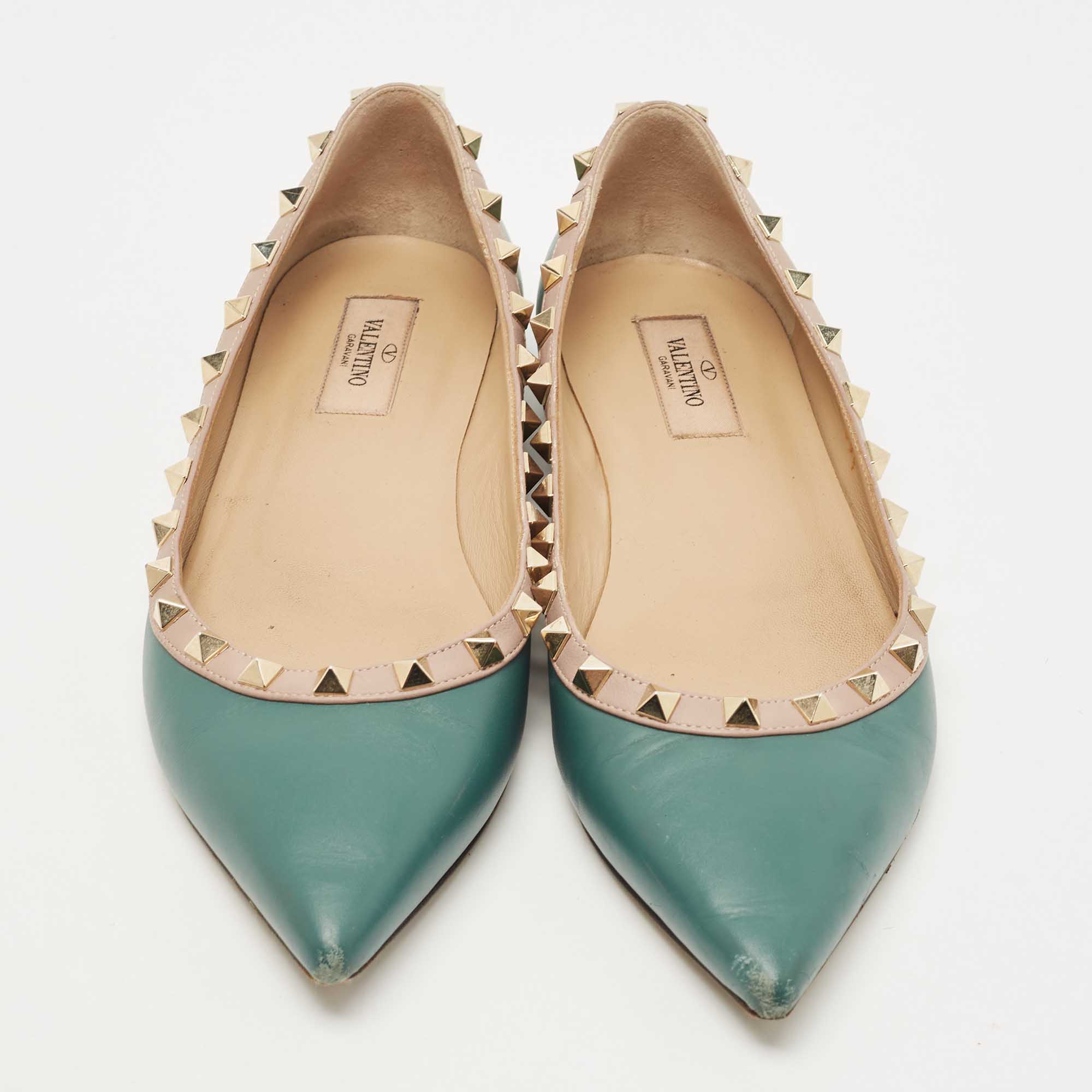 Valentino Green/Dusty Pink Leather Rockstud Ballet Flats Size 39.5