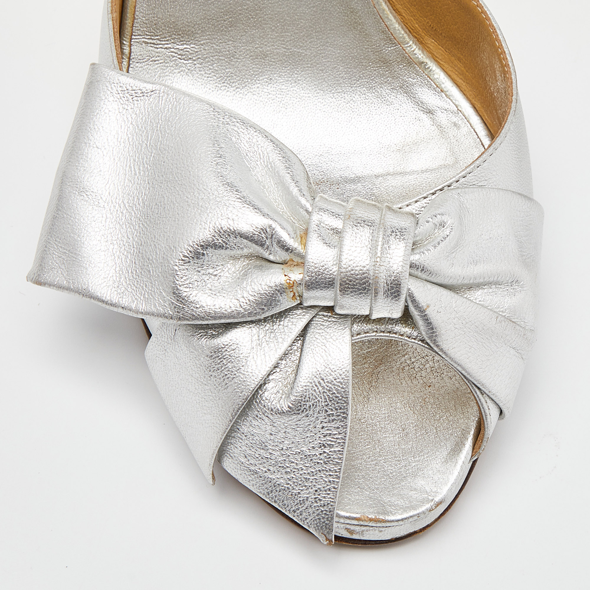 Valentino Silver Leather Bow Slingback Sandals Size 39