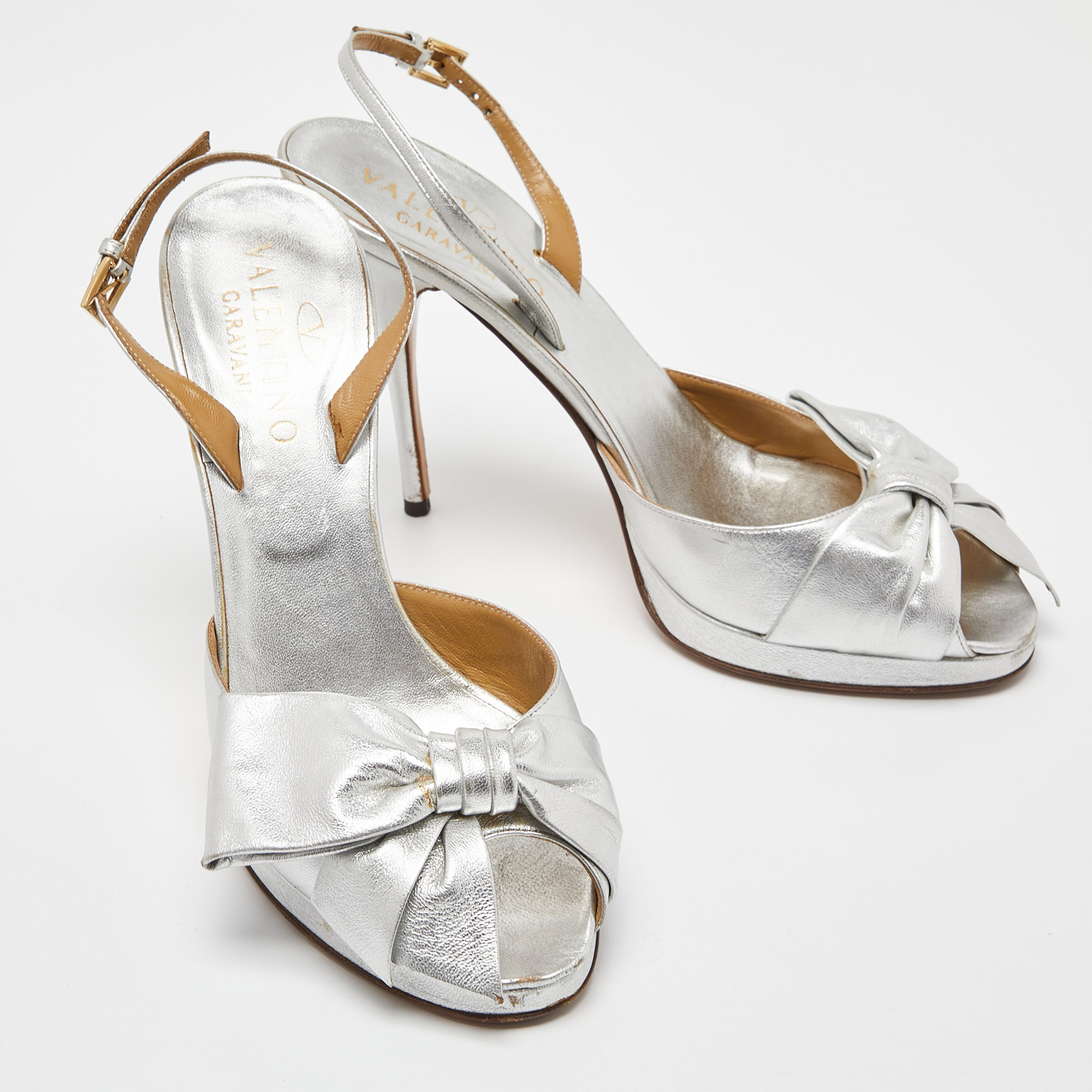 Valentino Silver Leather Bow Slingback Sandals Size 39