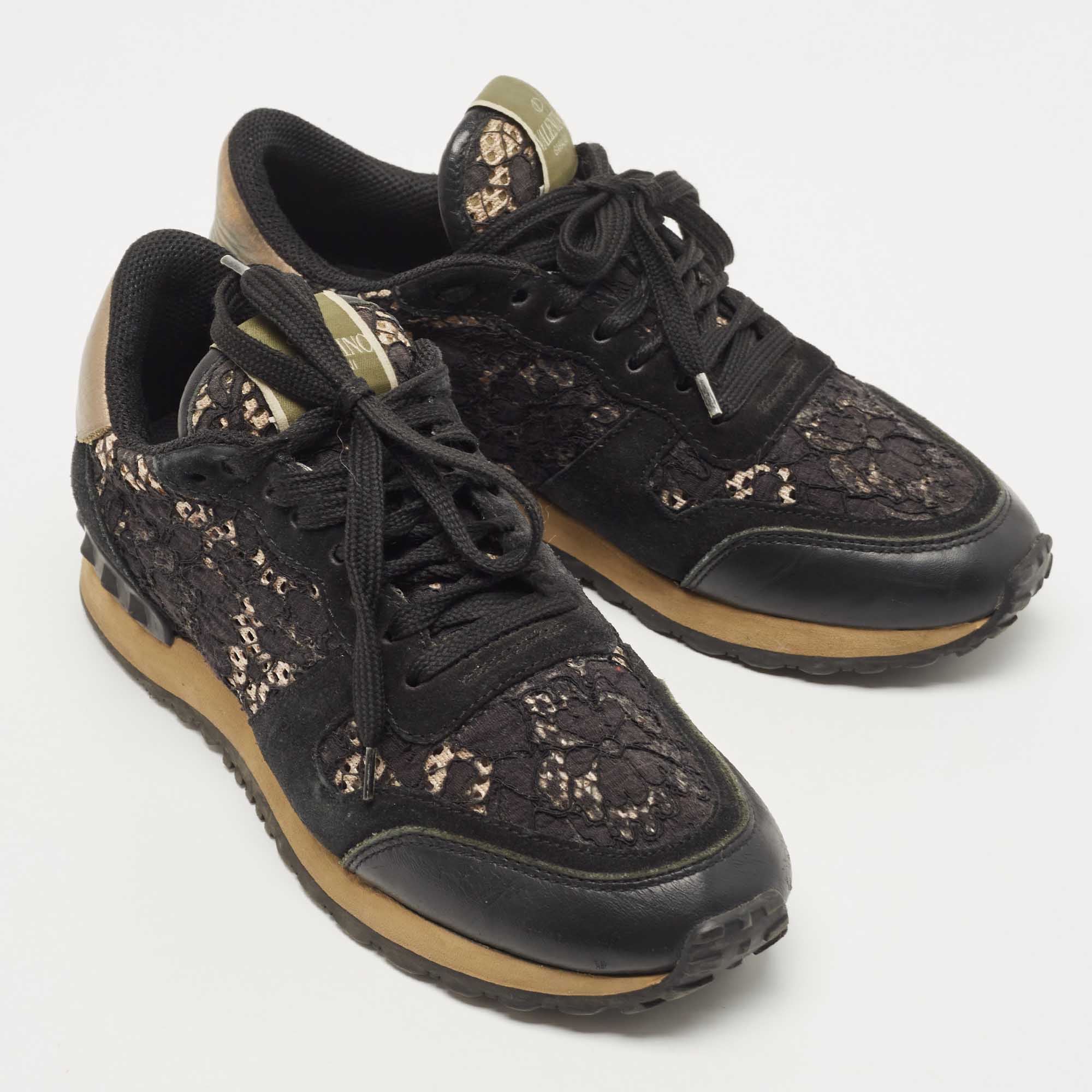 Valentino Black Leather And Suede Rockrunner Sneakers Size 37.5