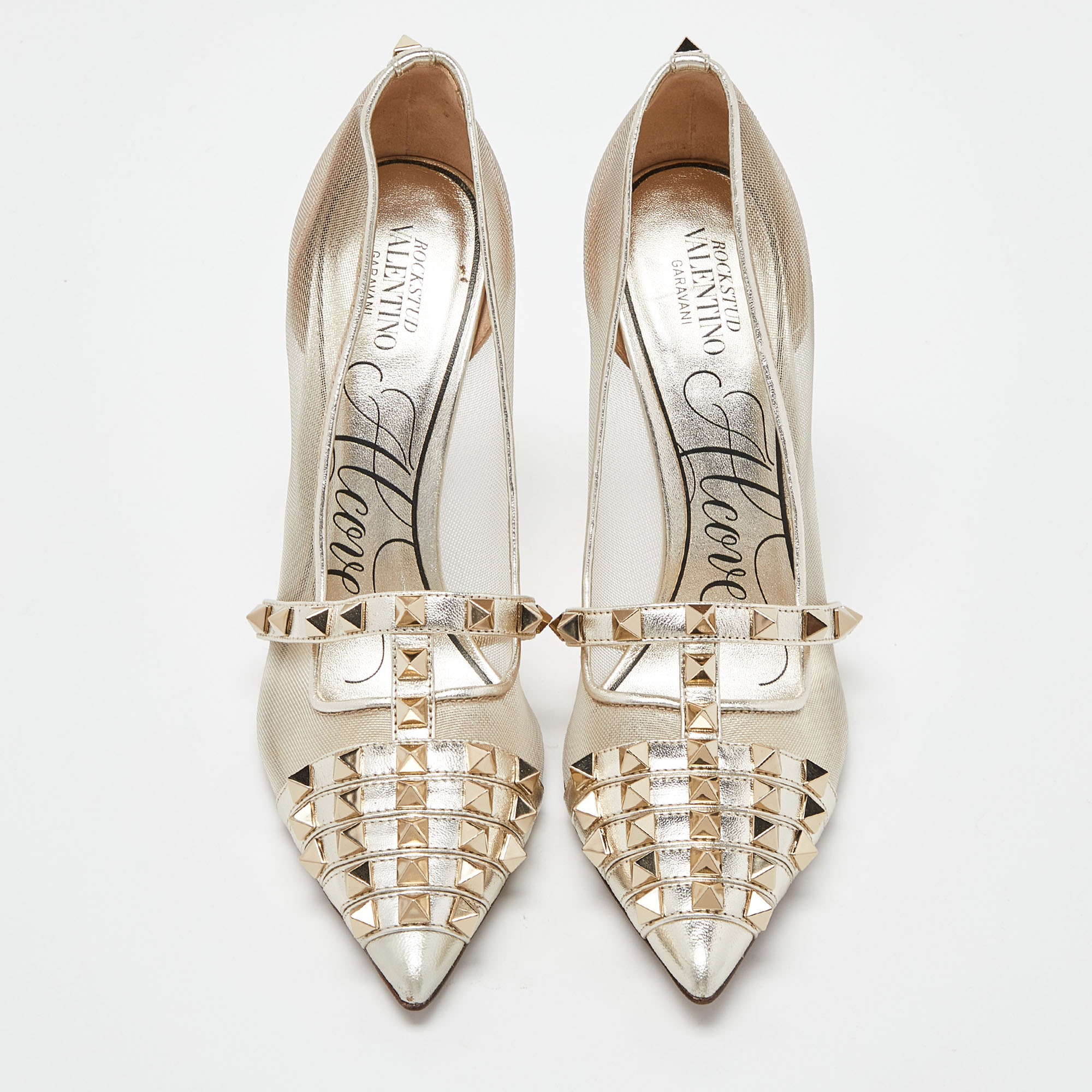 Valentino X Alcove Gold Mesh And Leather Rockstud Pumps Size 36