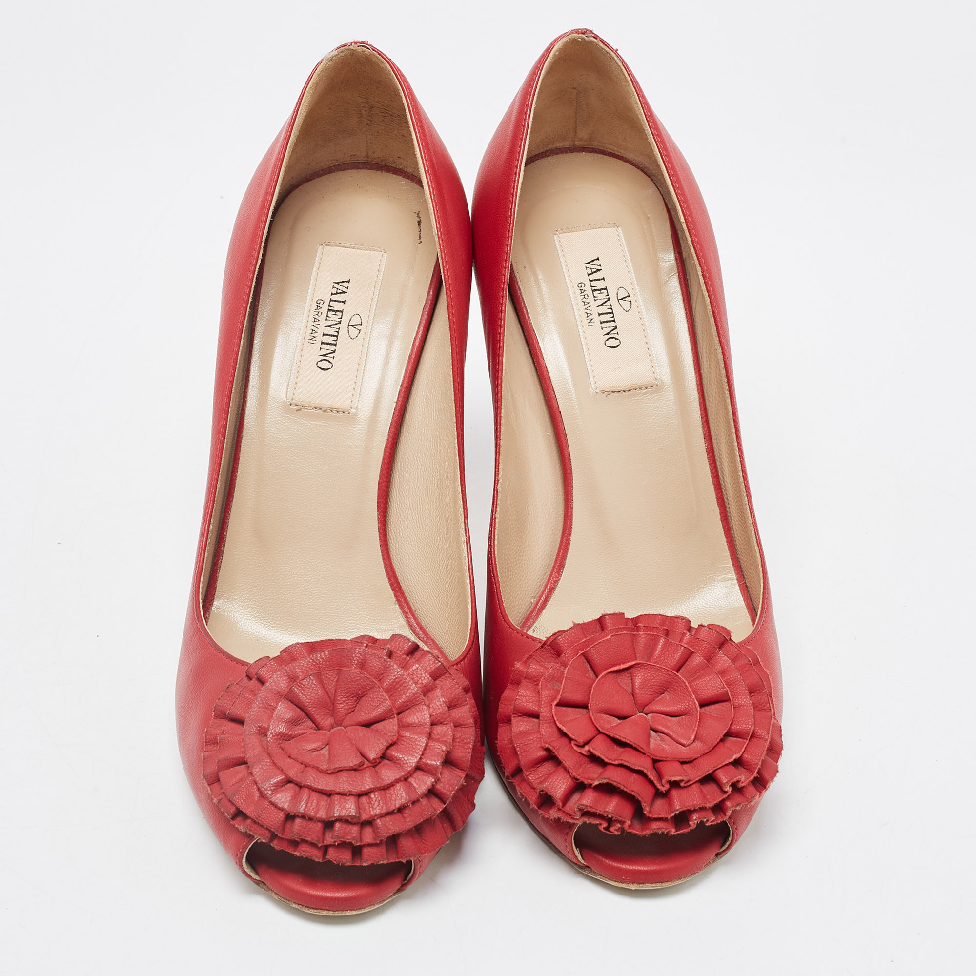 Valentino Red Leather Floral Peep Toe Pumps Size 37