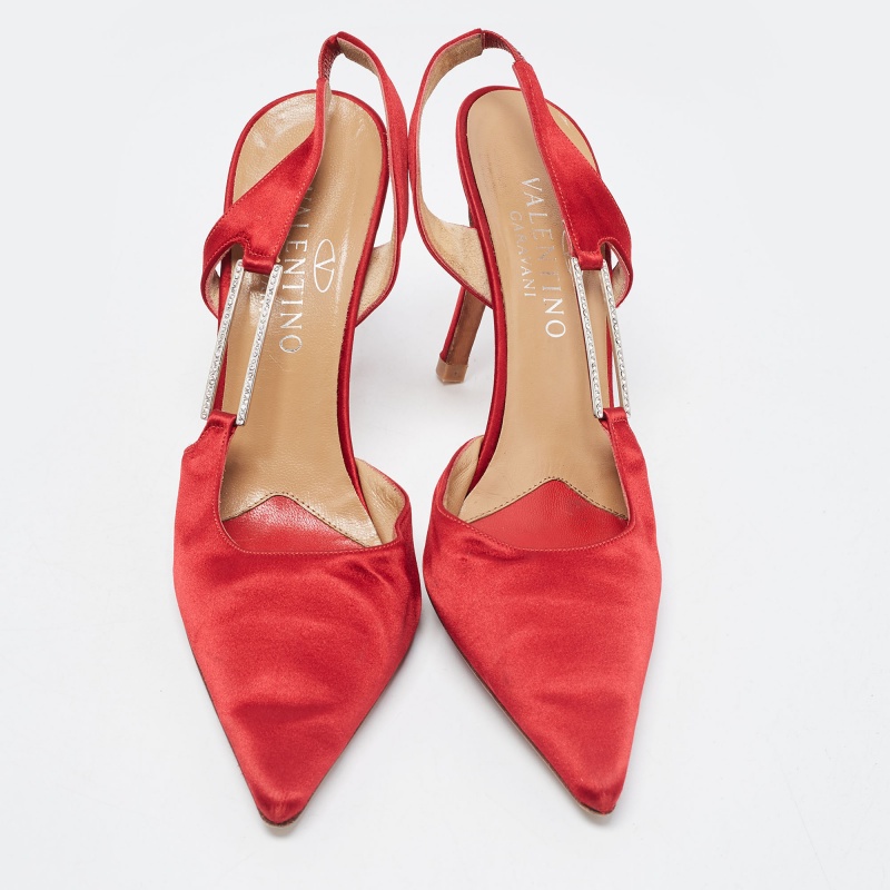 Valentino Red Satin Pointed Toe Slingback Pumps Size 39