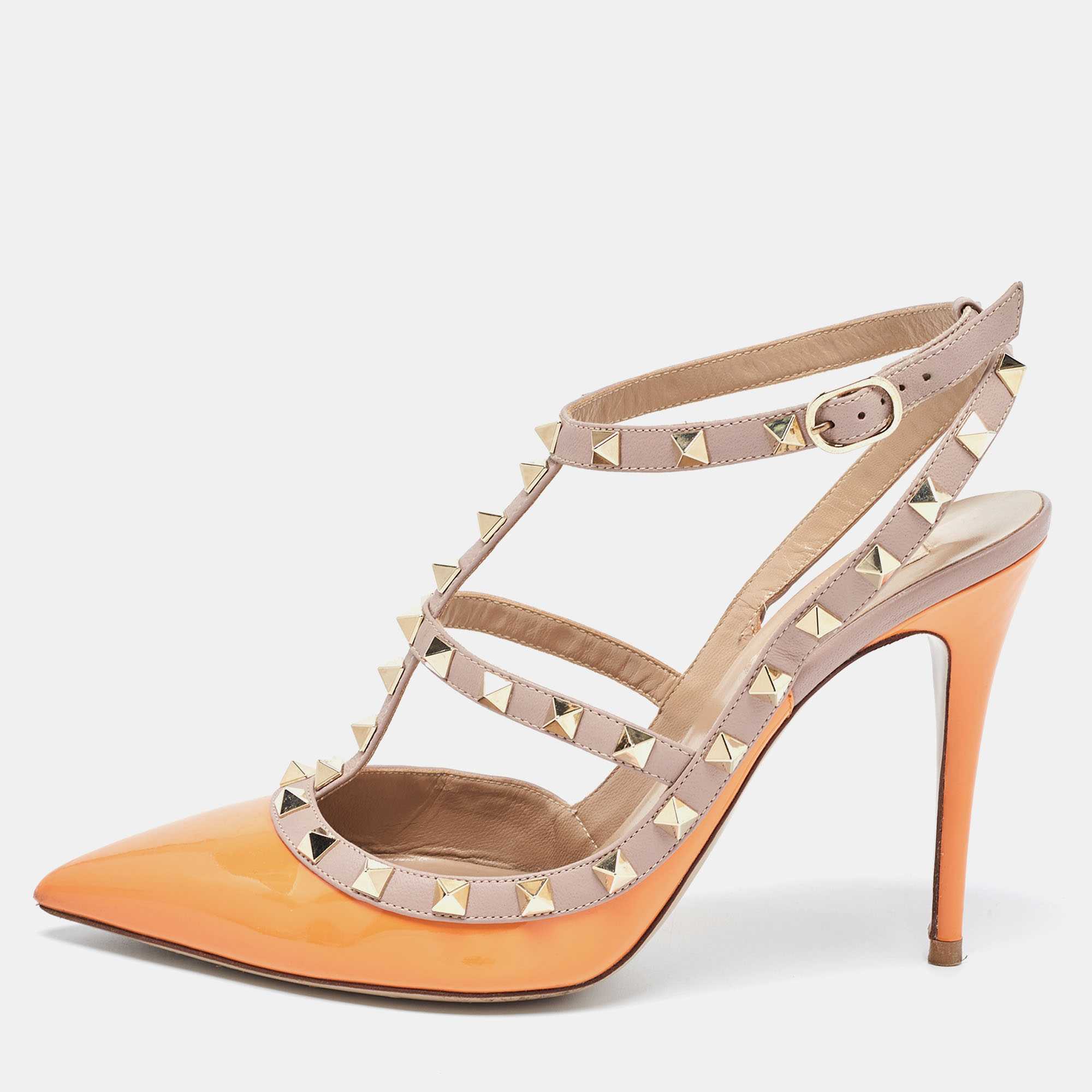 Valentino Orange Patent Leather Rockstud Strappy Pointed Toe Pumps Size 40