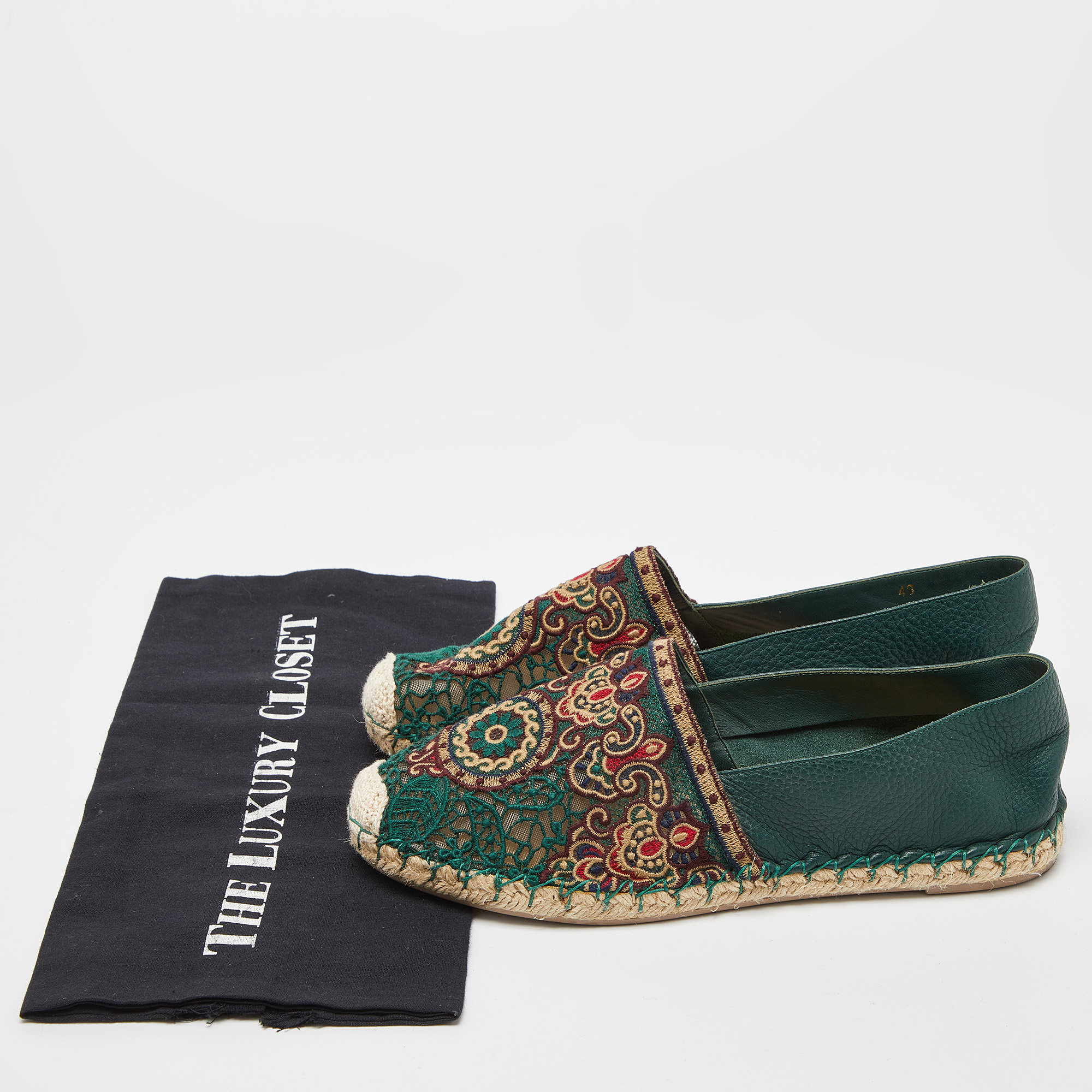 Valentino Green Leather And Lace Espadrille Flats Size 40