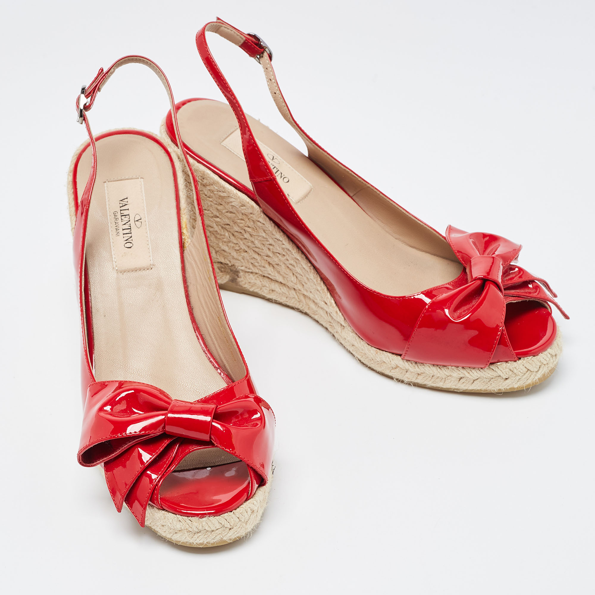 Valentino Red  Patent Leather Mena Bow Peep Toe Espadrille Wedge Slingback Sandals Size 38