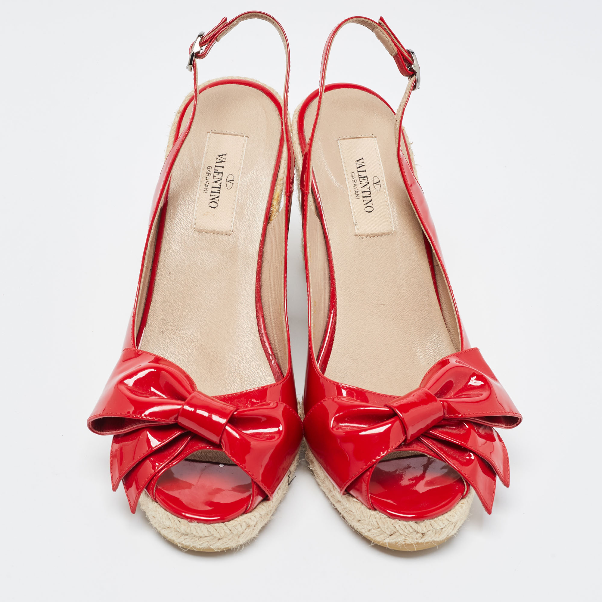 Valentino Red  Patent Leather Mena Bow Peep Toe Espadrille Wedge Slingback Sandals Size 38