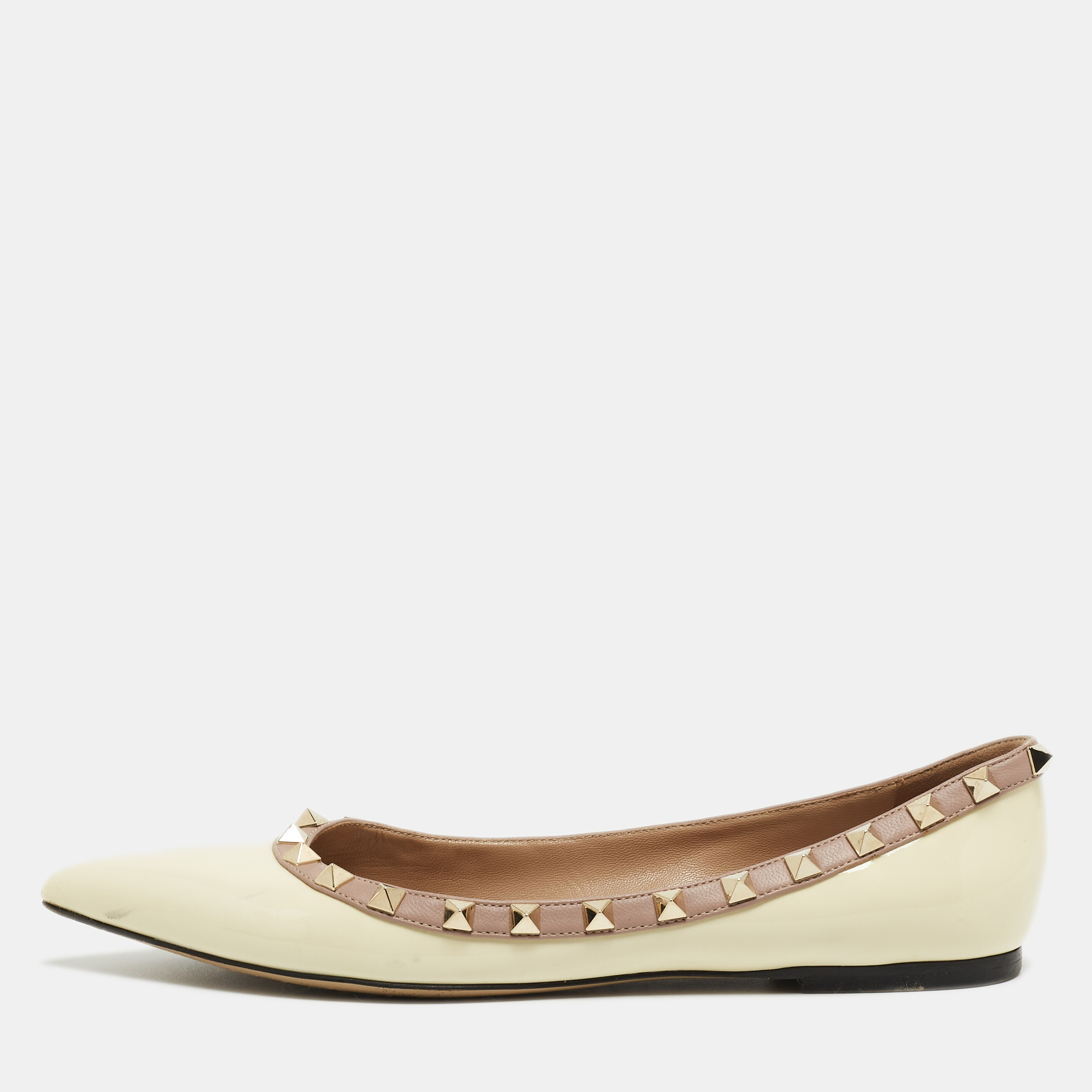 Valentino Cream Leather And Patent Rockstud Ballet Flats Size 38