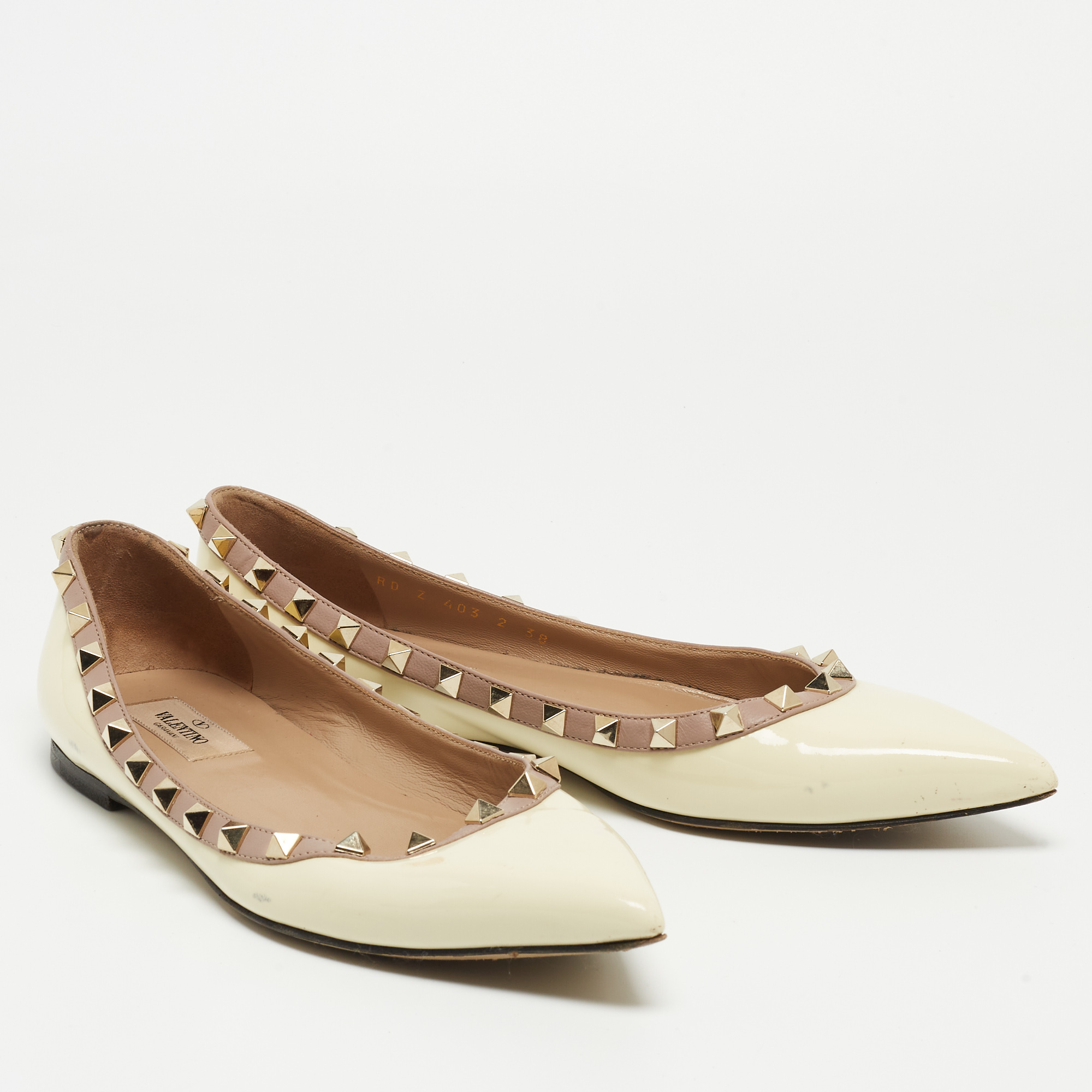 Valentino Cream Leather And Patent Rockstud Ballet Flats Size 38