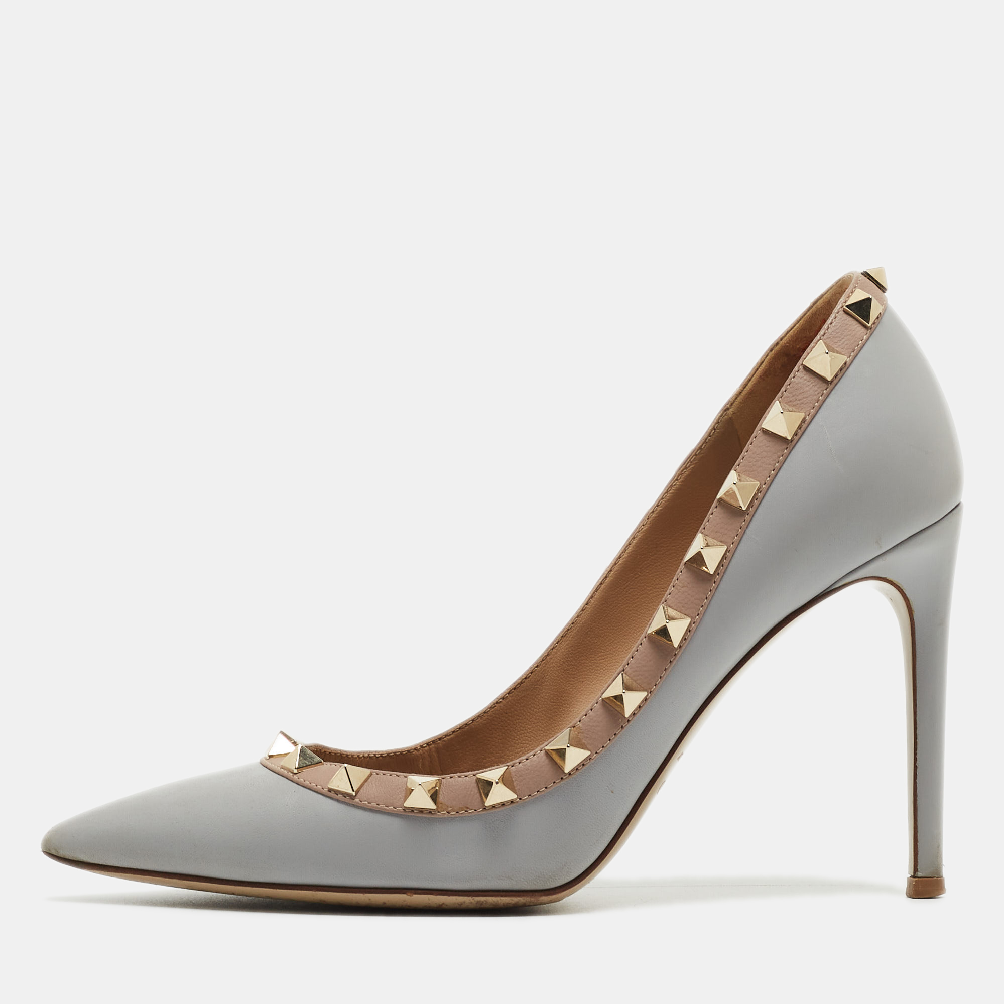 Valentino grey/beige leather rockstud pointed toe pumps size 35