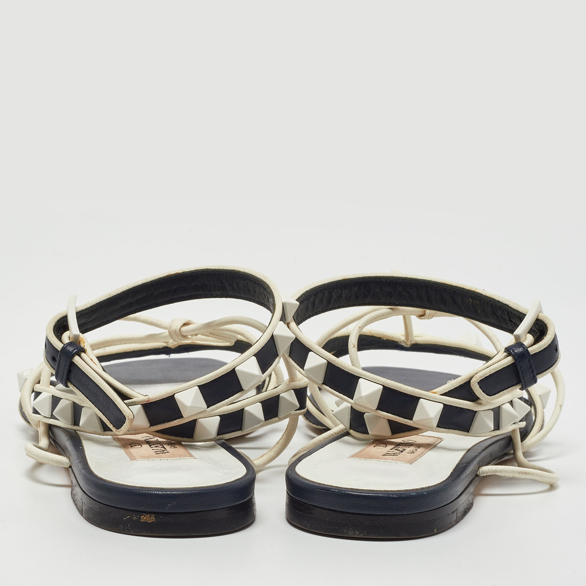 Valentino Navy Blue/White Leather Rockstud Ankle Strap Flat Sandals Size 36