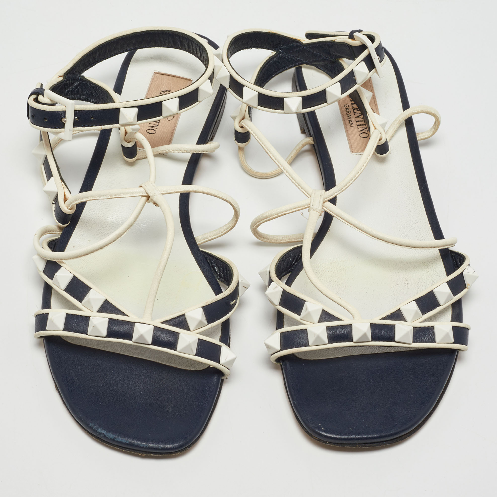 Valentino Navy Blue/White Leather Rockstud Ankle Strap Flat Sandals Size 36