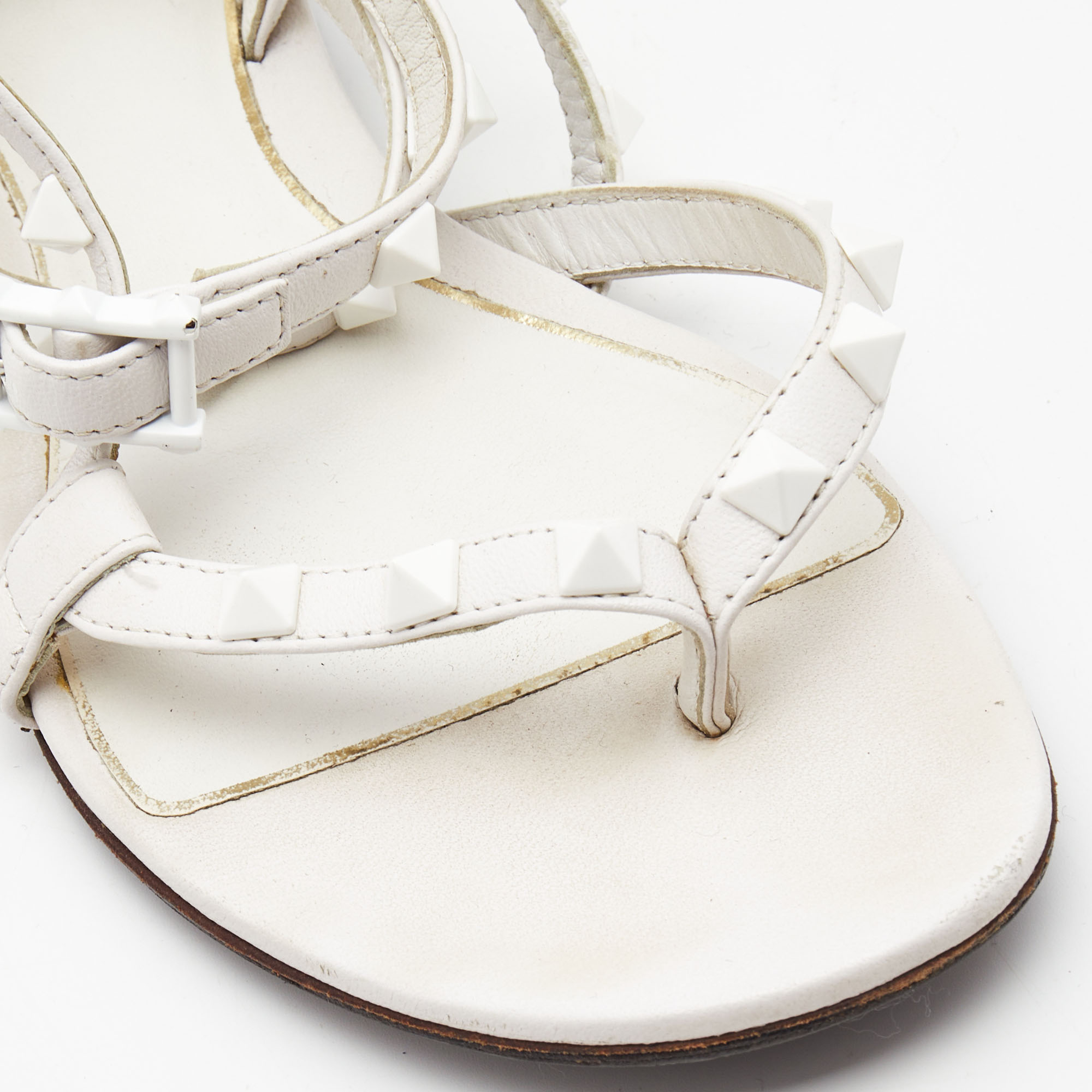 Valentino White Leather Rockstud Ankle Strap Flat Sandals Size 36