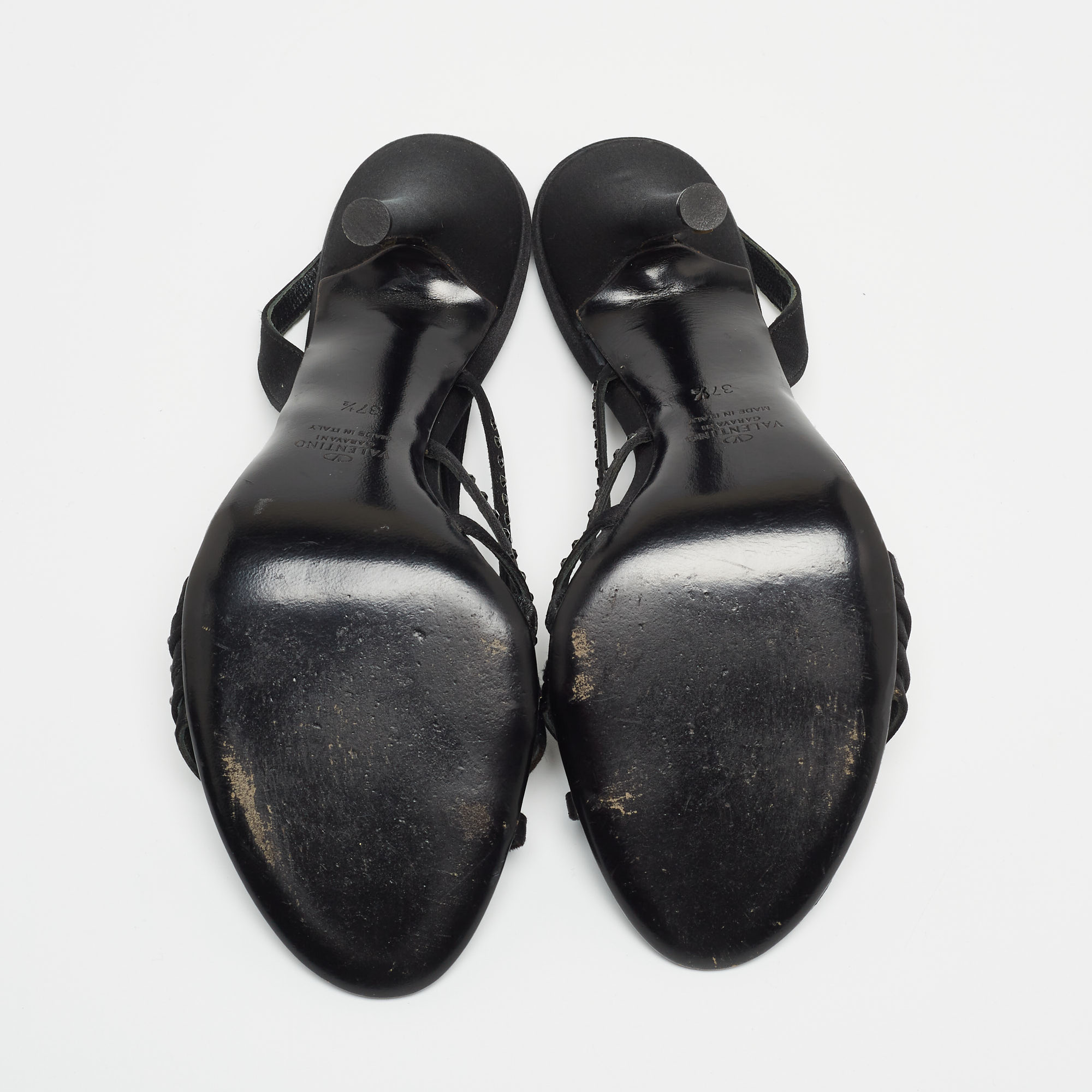 Valentino Black Satin Crystal Embellished Slingback Sandals Size 37.5