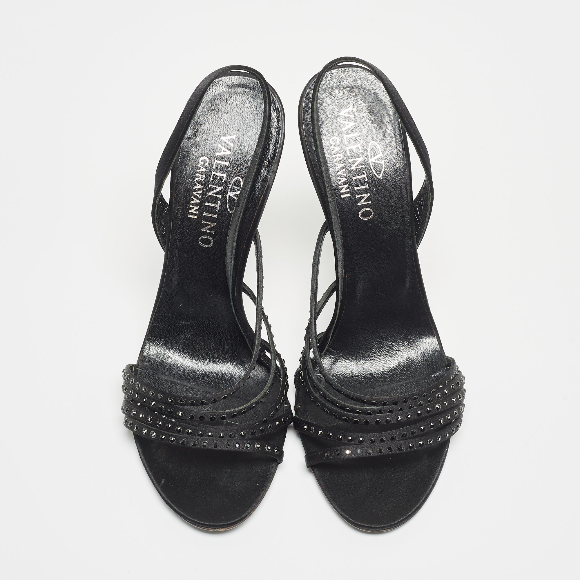Valentino Black Satin Crystal Embellished Slingback Sandals Size 37.5