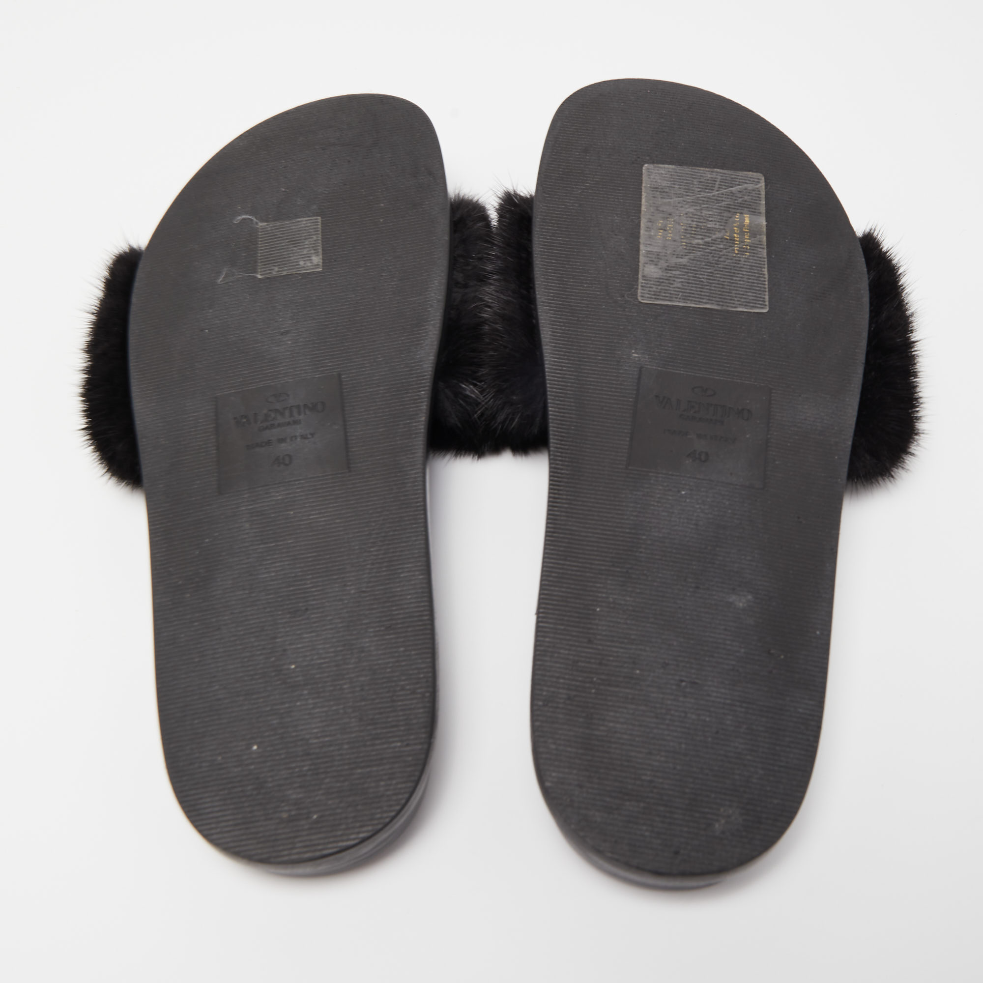 Valentino Black Fur Rockstud Flat Slides Size 40