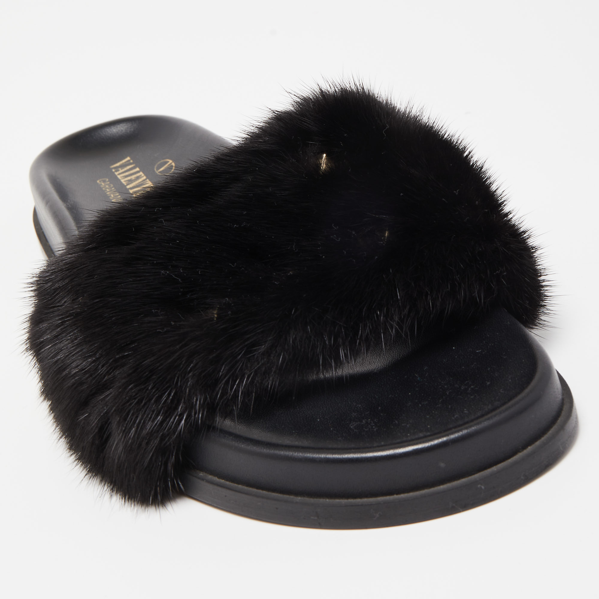 Valentino Black Fur Rockstud Flat Slides Size 40